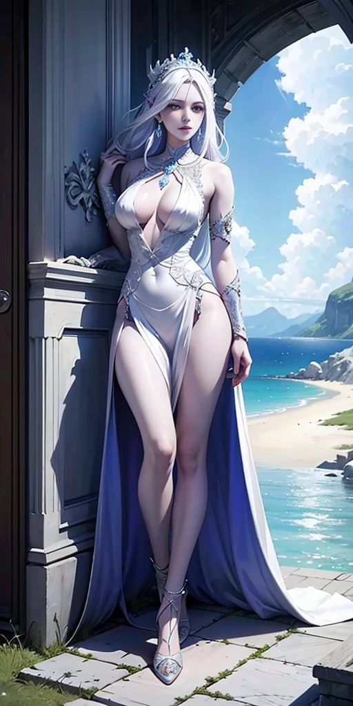 1woman drow purple skin, Greek goddess Aphrodite, white hair, skimpy powder blue gown, on the sea shore, Drawn in the style of Yoshitaka Amano, high res, ultra sharp, 8K, masterpiece