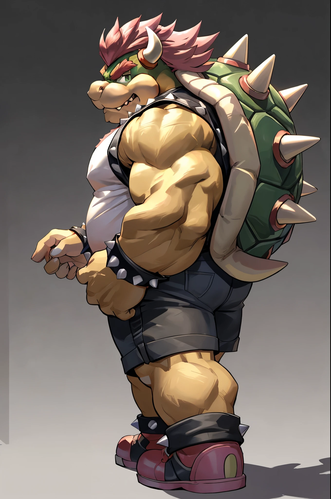 bowser //mario series//, male ,nose pircing anthro,big pink hair, ultradetailed, solo,showing his big turtle green shell, pink shoes,wearing black hat backwards, muscles, background, jean sleeveless open in half shirt,, dark gray shorts, tail, looking at viewer,pink hairy belly, casual,pose backwards, simple shadows, simple clear lines