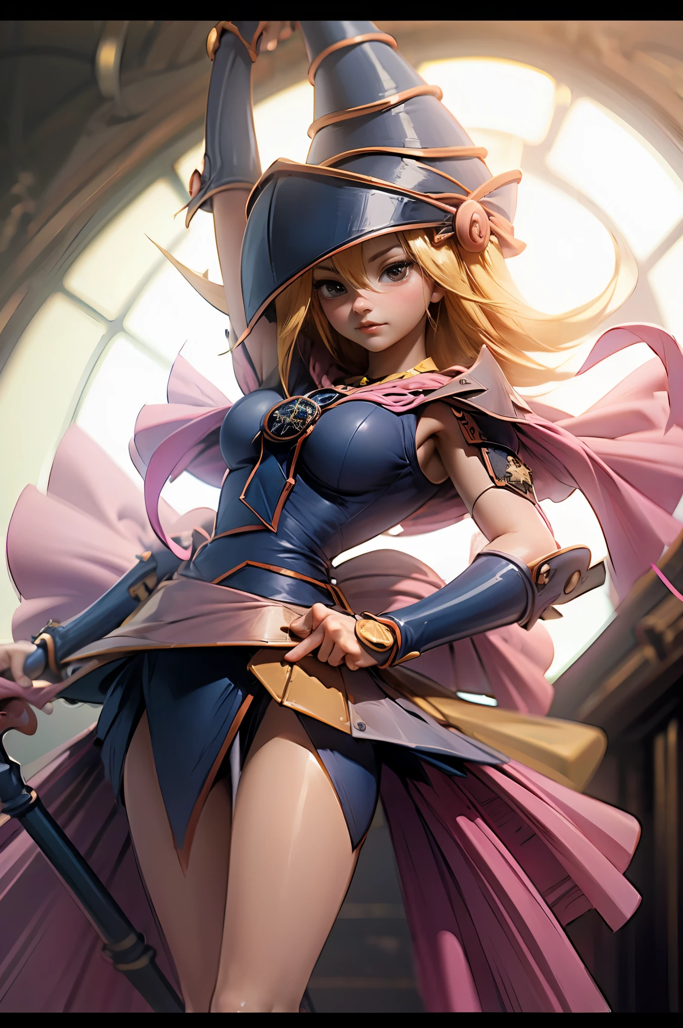 (Obra maestra:1.2), (La mejor calidad:1.2), perfect lighting, Chica Maga Oscura lanzando un hechizo, flotando en el aire, tetas grandes, escote, fondo de magia. Corazones transparente en el hambiente, bata azul, sombrero grande, desde arriba, Destellos, Yugioh Card en el fondo