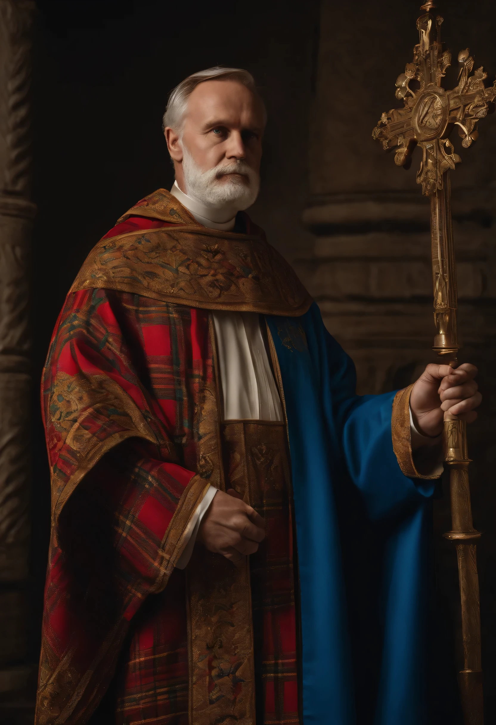 Man in bishop's robes standing with hands crossed, vestes religiosas, usando cruz no manto, Solis Sacerdotibus |, vestes azul-douradas, vestes douradas e azul, vestindo vestes azul, dressed like a clergyman, Kacper Niekolczycki, paramentos tartan, Brocade Robes, NiColau Weltyk