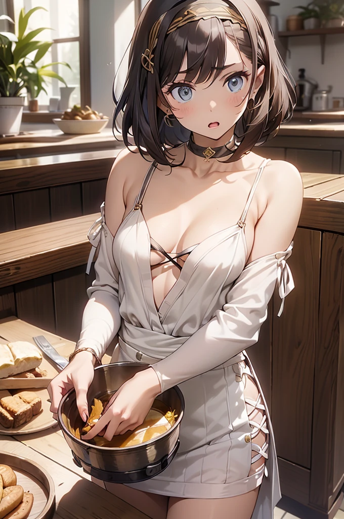 (small breasts:1.3), (perky chest:1.1), (pointed chest:1.0), (fashion magazine cover:1.3)，(from below:1.0),(from side:0.9),masterpiece, 1girl, Amazing Cleavage:1.1, thin waist, big ass, Raised sexy, small breast: 1.3, posed cleavage:1.2、solo, looking at viewer, open mouth, have a cute grass of cute beergrass,black hair, dark green eyes, dress, bare shoulders, jewelry, collarbone, sidelocks, hairband, earrings, indoors, off shoulder, :o, sweater, arms behind back, plant, short hair with long locks, gild hairband, off-shoulder dress, sweater dress, off-shoulder sweater, red sweater, dark gord hair, big side hair, very long side hair,is rendered in (masterpiece: 1.2, best quality), with (ultra high resolution) and an exquisite (depth of field). This masterpiece is not only visually stunning but also tells,A scene of cooking in the kitchen by classroom
