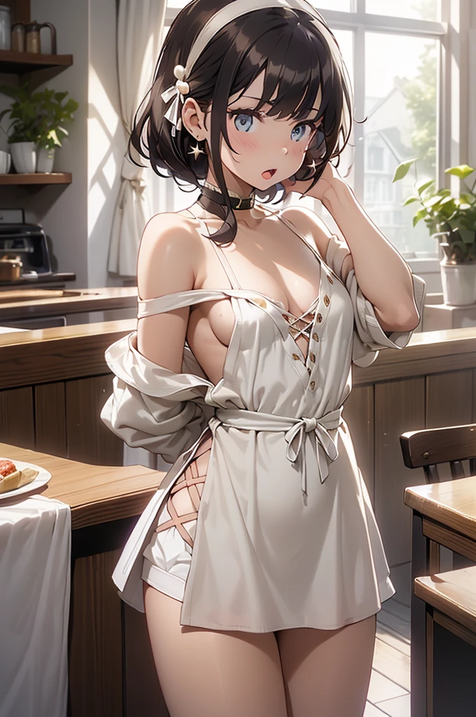 (small breasts:1.3), (perky chest:1.1), (pointed chest:1.0), (fashion magazine cover:1.3),(from below:1.0),(from side:0.9),masterpiece, 1girl, Amazing Cleavage:1.1, thin waist, big ass, Raised sexy, small breast: 1.3, posed cleavage:1.2、solo, looking at viewer, open mouth, have a cute grass of cute beergrass,black hair, dark green eyes, dress, bare shoulders, jewelry, collarbone, sidelocks, hairband, earrings, indoors, off shoulder, :o, sweater, arms behind back, plant, short hair with long locks, gild hairband, off-shoulder dress, sweater dress, off-shoulder sweater, red sweater, dark gord hair, big side hair, very long side hair,is rendered in (masterpiece: 1.2, best quality), with (ultra high resolution) and an exquisite (depth of field). This masterpiece is not only visually stunning but also tells,A scene of cooking in the kitchen by classroom