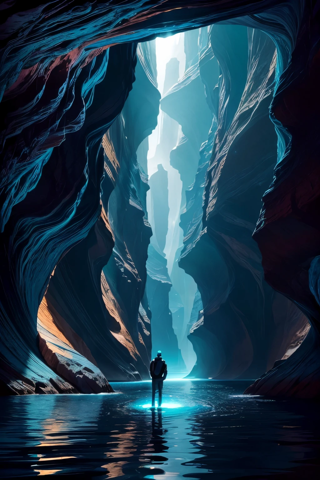An exquisite, ultra-high-definition image (8K resolution, 1.2 length ratio) captures a solitary figure standing on the edge of a mirrored water body situated centrally in a colossal, science-fiction canyon landscape. Towering overhead, an immense, glowing celestial body ascends on the horizon, embodying the fusion of a sunrise and a planet's ascent.
The fluid, wave-like canyon walls are adorned with vibrant blues and glowing oranges, accentuating the dramatic contrast in temperature within the scene. This radiant, mesmerizing spectacle is perfectly mirrored in the water below