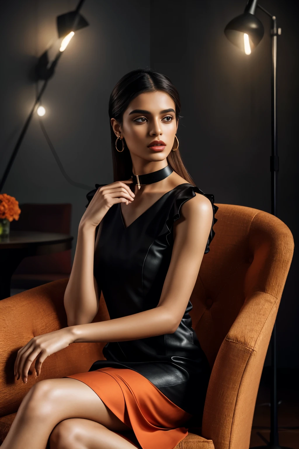 In this photograph, an Indian Instagram female model in her mid-20s sits elegantly in a luxury chair, commanding attention. The background, a 5-star hotel setting, adds to the moody ambiance of a private study. Captured by Lee Jeffries with a Nikon D850 and 4 Kodak Portra 400 film stock, the image boasts rich colors, hyper-realistic details, and lifelike textures. The model wears a stylish orange and black combination dobby weave self-design fit & flare dress, featuring a sweetheart neck, short puff sleeves, and tie-up detail on the back, enhancing its allure.
The dress flows gracefully above the knee with a flounce hem, crafted from chiffon fabric with an attached lining for comfort. Completing the aesthetic, the model wears a slave collar with a chain around her neck, adding an edgy contrast to the elegant ensemble. Meticulously captured in 8K resolution using cutting-edge techniques such as Cinema 4D and Octane Render, the photograph exudes a highly detailed and photorealistic quality. Studio lighting, HDR, and a smoky mist further enhance the captivating ambiance, while the bokeh effect adds an artistic touch to the composition.