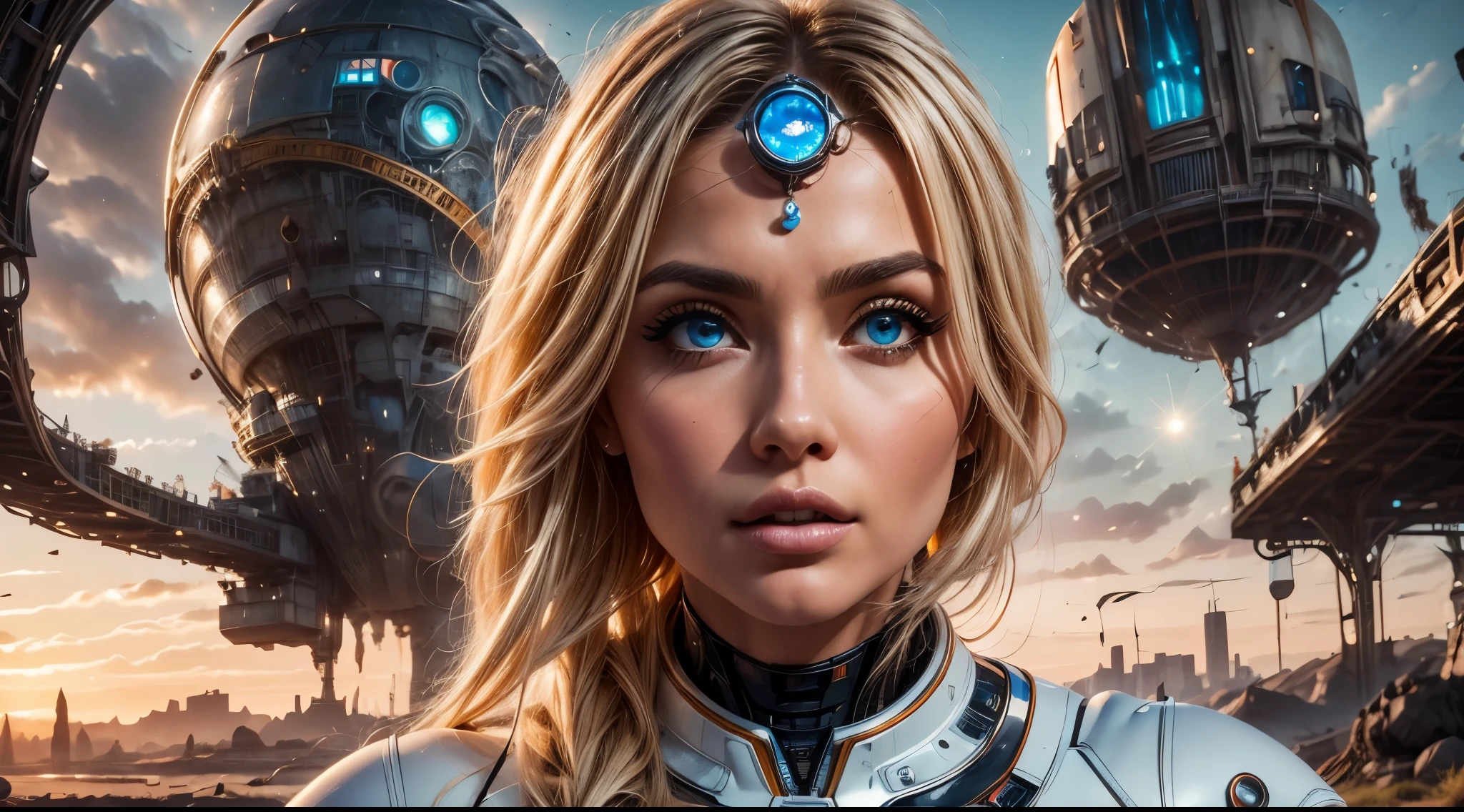arafed image of a white woman in a futuristic suit with a spaceship in the background, movie art, in front of an orange background, inspired by Robert McGinnis, female protagonist, megastructure in the background, portrait of an ai astronaut, astronauts, an astronaut, portrait of a astronaut skeletor, perfect android girl, detailed eyes, perfectly detailed teeth, frank franzzeta and sakimichan
