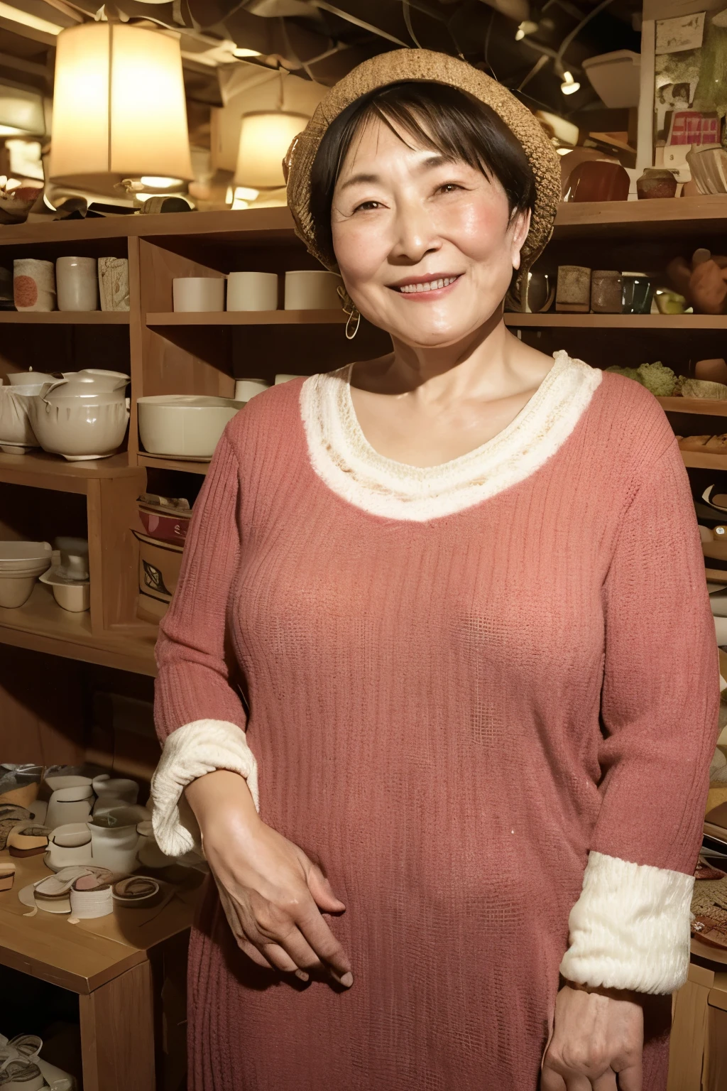 Osaka's aunt、Organic Photography、highest quality、masterpiece、Ultra-high resolution、Beautiful Japanese old lady、65 years old、Looking at the audience、Elegant face、Toothy smile、Big Breasts、Wearing a short-sleeved knit with an animal print、Perm Hair、Ultra mini skirt、Earrings、In a corner of a coffee shop、