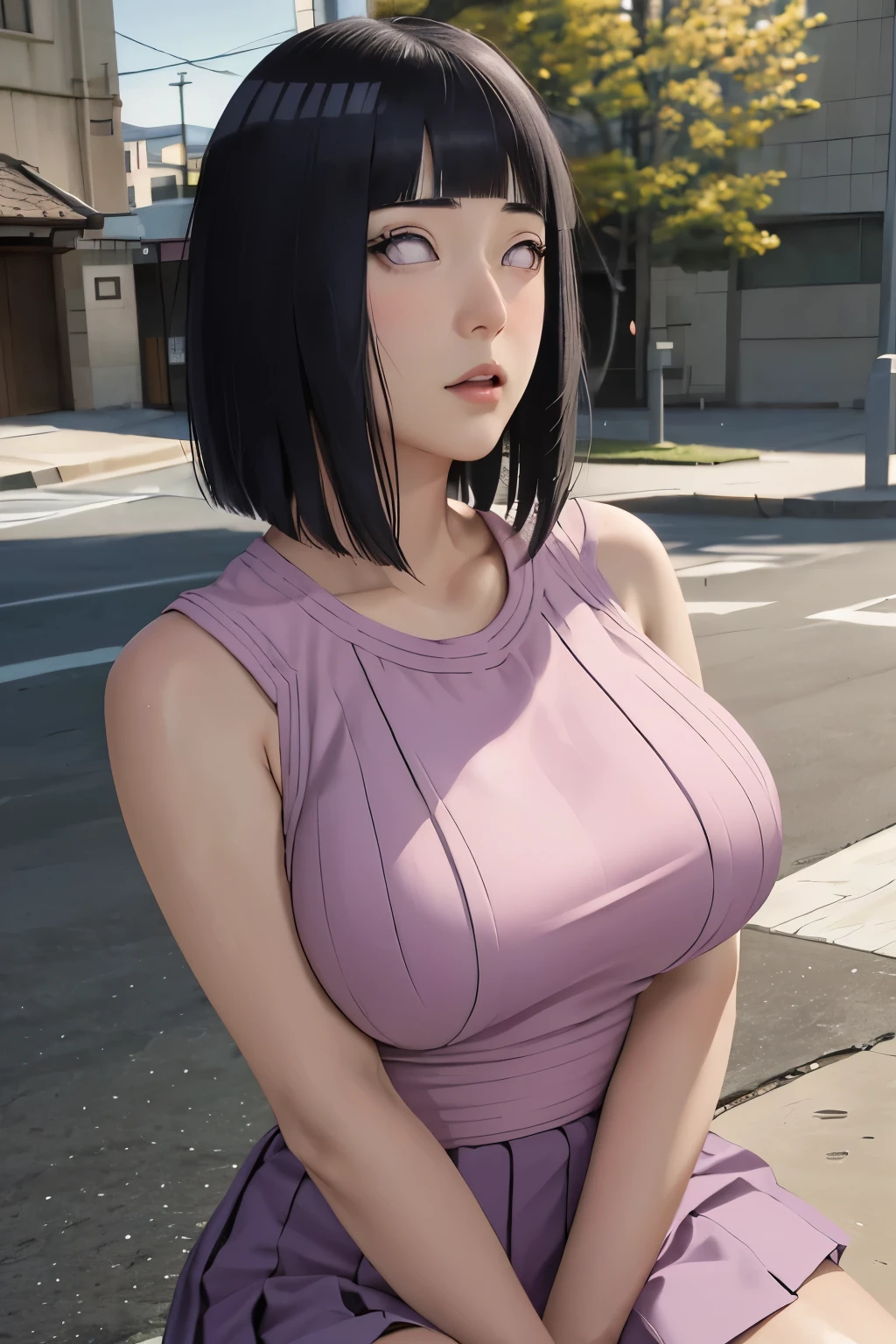 masterpiece, absurdres, hinata\(boruto\), 1girl, solo,mature female, high waist short skirt, looking at viewer, perfect composition, detailed lips, big breast, beautiful face, body propotion, blush, (pink lips), long hair, purple eyes, soft gaze, super realistic, detailed, photoshoot, realistic face and body,