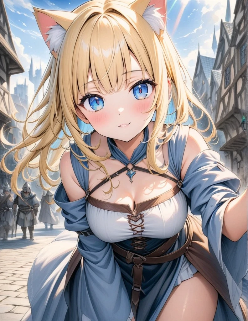 ((style:Colored pencil,pale colour)),(anime)、(masterpiece:1.2),atmospheric perspective,lens flare、Otherworldly fantasy、Medieval style cityscape、Medieval style costume、RPG World、Adventurous girl、Cat ear、Blonde、Blue Eyes、Look at me and pose cutely、cute、Sunlit streetscape