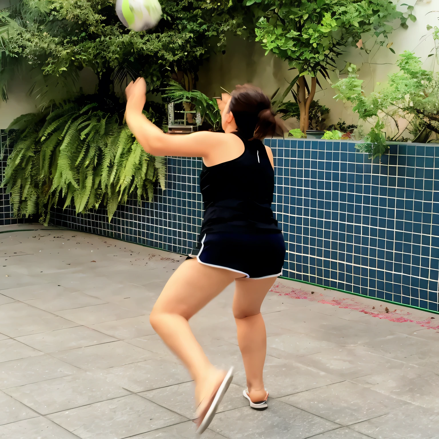 there is a woman that is jumping up to catch a ball, in an action pose, doing a kick, dynamic action shot, medium shot taken from behind, back - shot, flying shot, backshot, long shot from back, outside, playing tennis, horizontally leaping!!!, jumping towards viewer, leaping towards viewer, playing basketball, volleyball