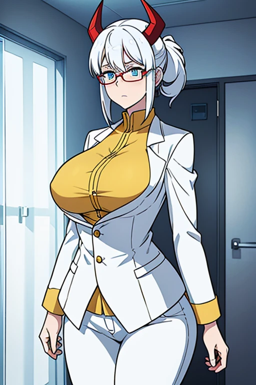 -artwork- -4k- -high quality- a completely white entity, bright white hair, light blue eyes, no human features, sexy female body, big breasts, big butt, big waist, red horns, wearing a yellow blouse , white medical coat, black pants, hair tied, wearing glasses, with a worried expression, entering the patient room