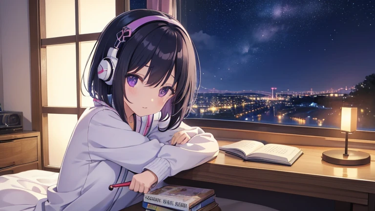 Masterpiece、Cute girl studying in her room while listening to music on headphones　、Bob Hair、Black Hair、Purple Eyes、Droopy eyes、Warm lighting　Outside the room, Night view and starry sky.　Japanese anime style、dream-like、pastel colour、Happy