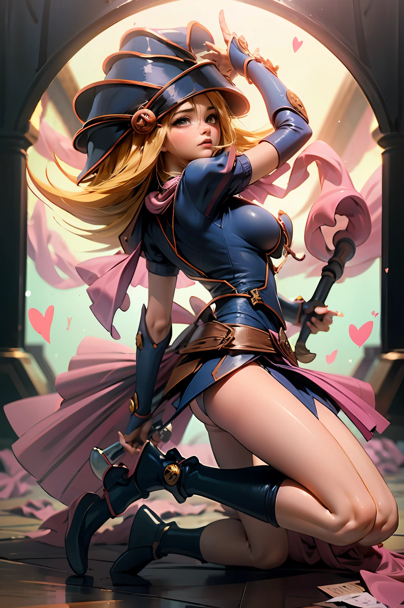 (Obra maestra:1.2), (La mejor calidad:1.2), perfect lighting, Chica Maga Oscura lanzando un hechizo, flotando en el aire, tetas grandes, escote, fondo de magia. Corazones transparente en el hambiente, bata azul, sombrero grande, desde arriba, Destellos, Yugioh Card en el fondo
