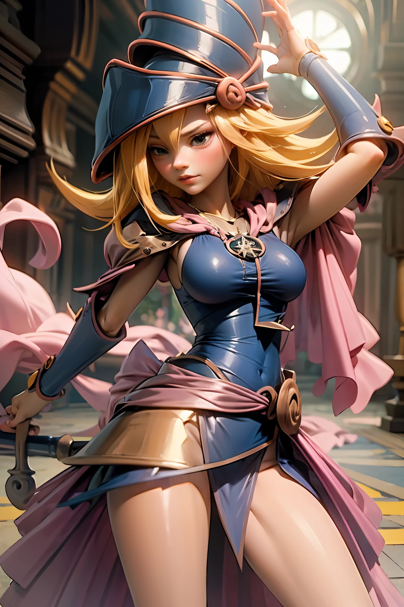 (Obra maestra:1.2), (La mejor calidad:1.2), perfect lighting, Chica Maga Oscura lanzando un hechizo, flotando en el aire, tetas grandes, escote, fondo de magia. Corazones transparente en el hambiente, bata azul, sombrero grande, desde arriba, Destellos, Yugioh Card en el fondo