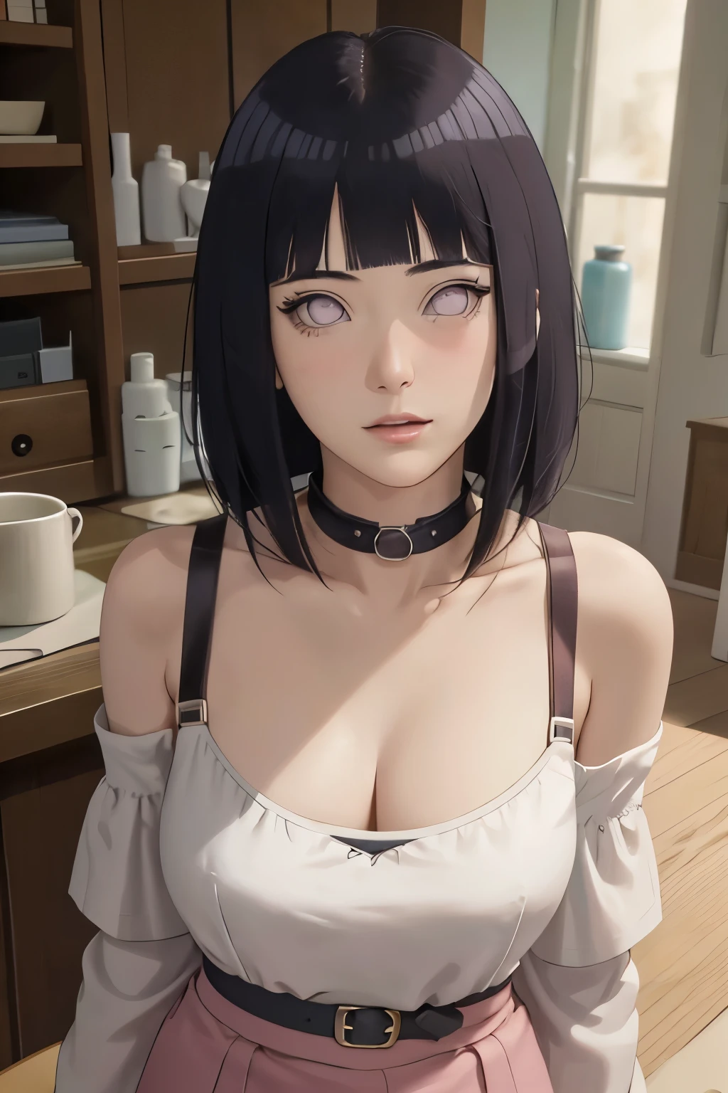 masterpiece, absurdres, hinata\(boruto\), 1girl, solo,mature female, off-shoulder strap bra, high waist short skirt, looking at viewer, perfect composition, detailed lips, big breast, beautiful face, body propotion, blush, (pink lips), long hair, purple eyes, soft gaze, super realistic, detailed, photoshoot, realistic face and body,