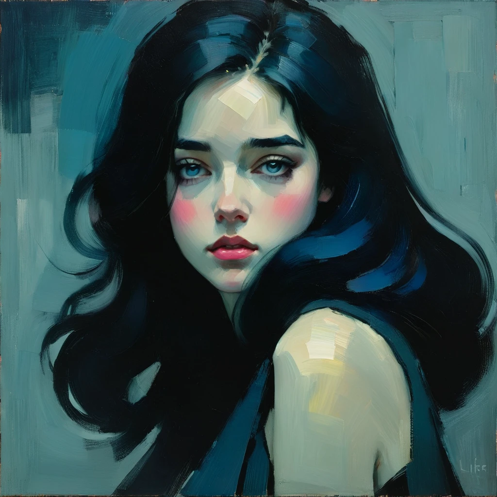 Create an evocative oil painting inspired by Malcolm Liepke, based on the provided image. Capture the intense, introspective expression of the young subject using thick, using a palette of light pink, muted blue, dark grayish blue, bright blue, very dark gray, and light grayish blue. Highlight the emotional depth and vulnerability in the subject's gaze, emphasizing the play of light and shadow on their face. Maintain a simple, textured background that complements the subject's contemplative presence. Focus on the tactile quality of the oil paint to convey the raw emotion and intimacy characteristic of Liepke's style.