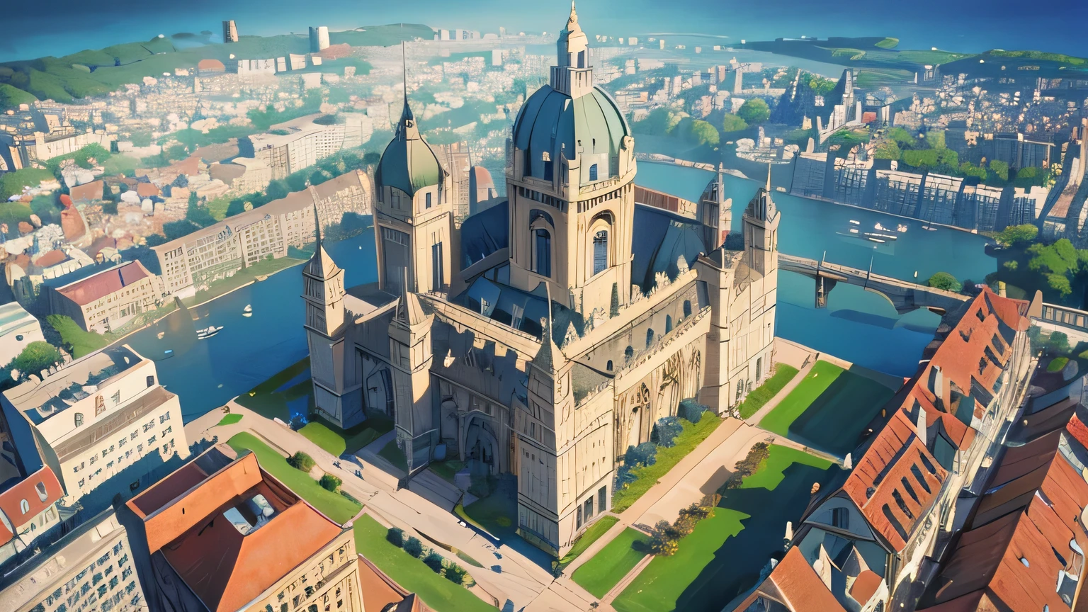 an isometric perspective, a centered wide shot isometric pixel art Attack on ans tow, lots of buildings, beautiful city, streets, so many buildings, , victorian buildings, beautiful buildings , lots of buildings, isometric art style