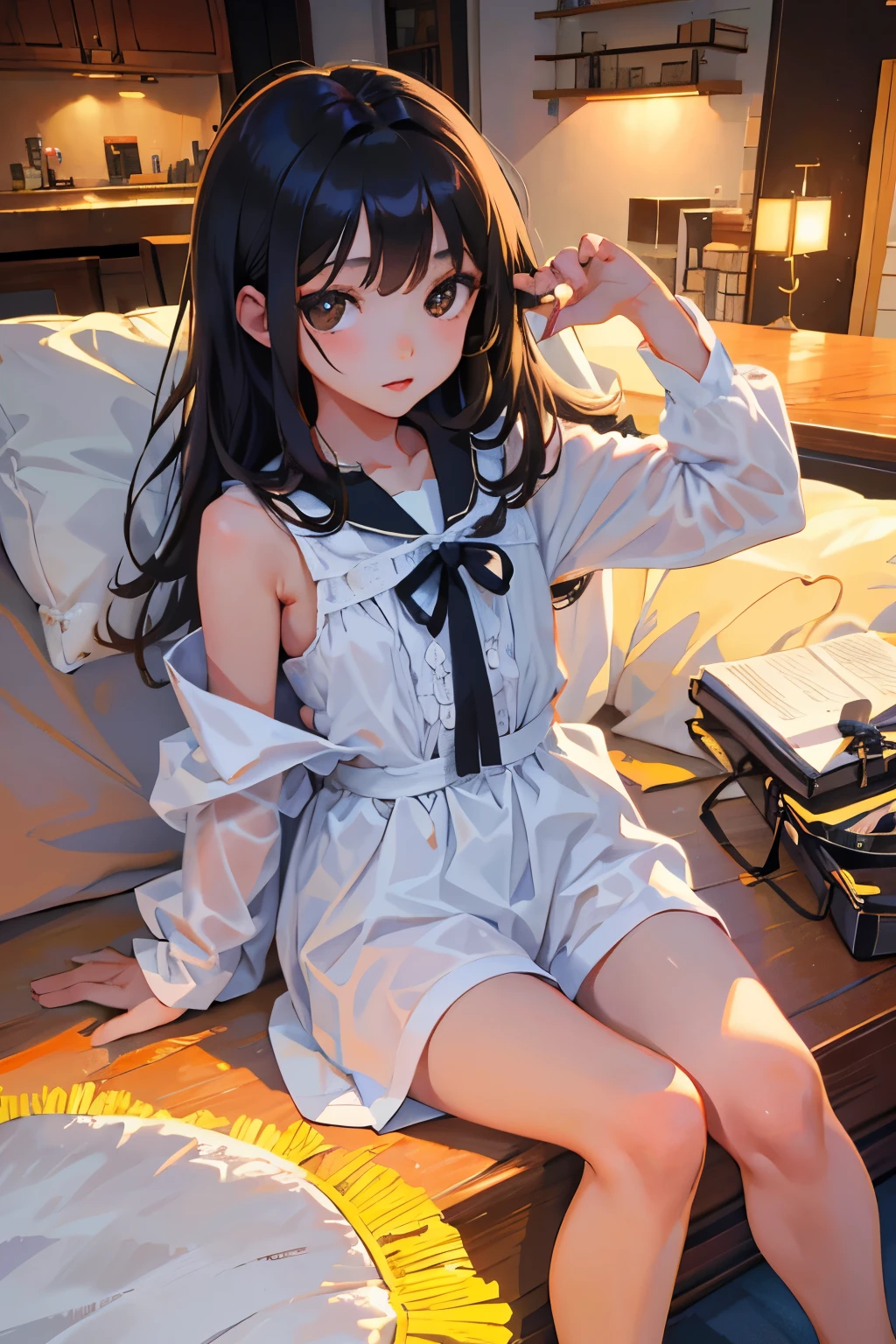 ()，highest quality，Beautiful face in every detail，cute，Dark brown eyes，(背の低いcute女の子，Smallg student，Yoicate girl）,（masterpiece，Top quality)，Black Hair，Sleepy expression，Sleeveless，(White shorts)，Crouching