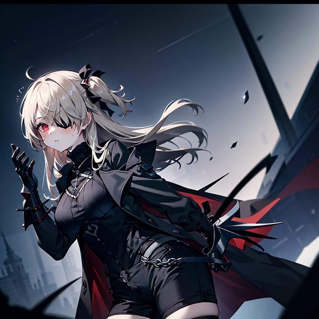 1girl, ashen_blond_hair, long_hair, bangs, eyepatch, red_eyes, two_side_up, hair_over_one_eye, blush, giant_breasts, Black_trench_coat, gauntlets, Black_stockings, grey_shorts, pale skin, 