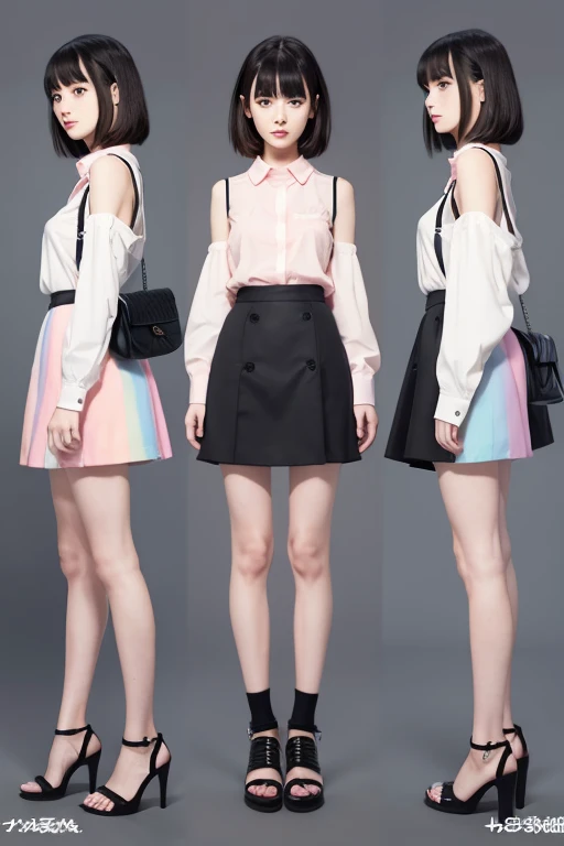 Illustration of a girl wearing a short skirt, hand bag, Full body character sheet, Full body illustration, Full body painting, Detailed full body concept, Official character illustration, fashion model walking pose, Tokyo girls collection, Pastel Colors dress skirt and shirt, ash black hair style, Pastel color Shoulder bag