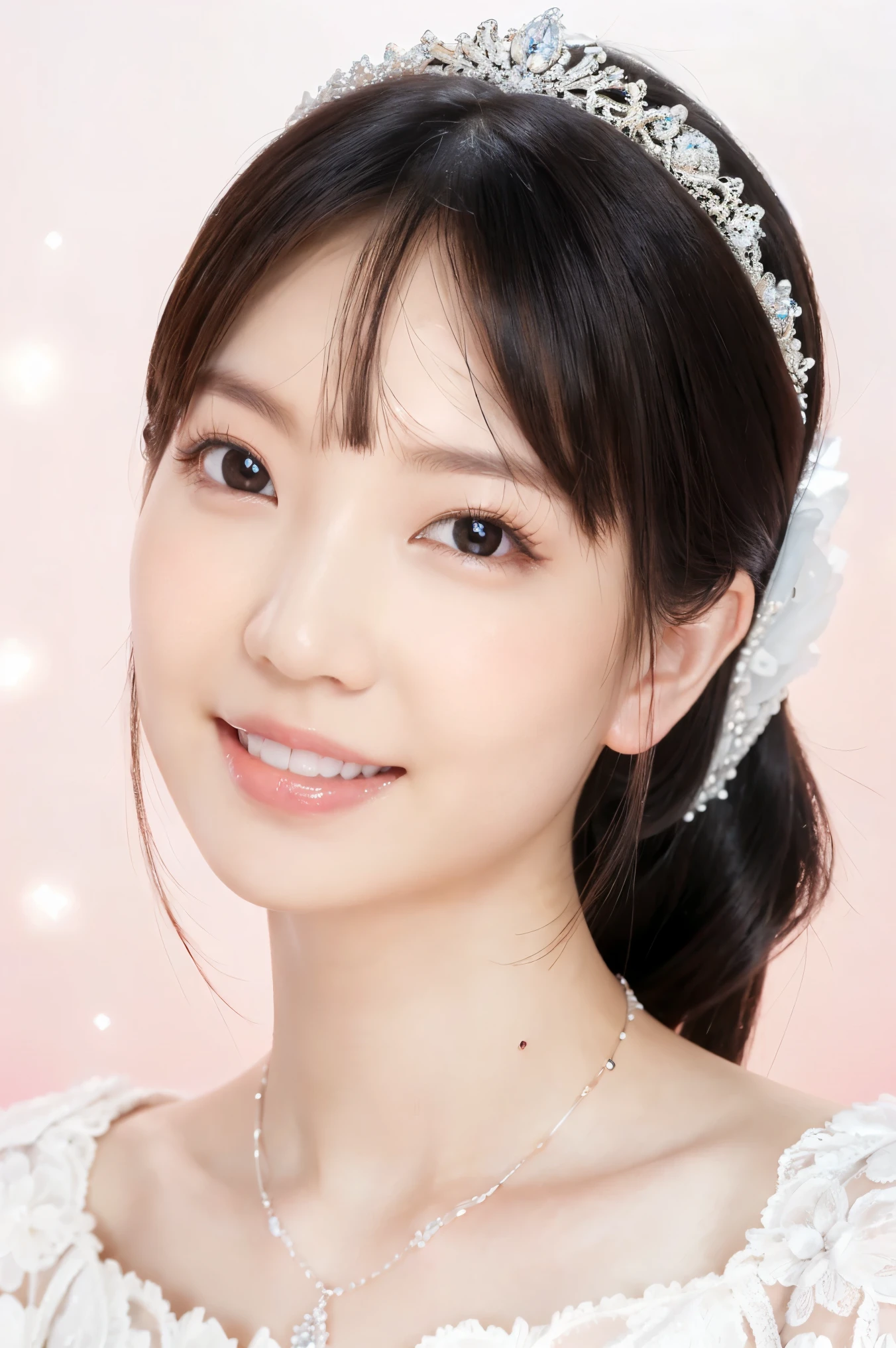 (highest quality、Tabletop、8k、Best image quality、Award-winning works)、One beautiful bride、(alone:1.1)、(The most extravagant and gorgeous huge pure white wedding dress:1.1)、(Perfect Wedding Lace:1.2)、(The most gorgeous and luxurious giant tiara:1.1)、(The most extravagant and luxurious giant necklace:1.1)、Look at me with your best smile、Finest jewelry decoration、Perfect Makeup、Long eyelashes、Ultra HD Shining Eyes、Ultra HD Hair、Ultra High Resolution Glossy Lips、Ultra High Resolution Perfect Teeth、Beautiful face in ultra-high definition、(Accurate anatomy:1.1)、Very bright and beautiful skin、very bright and vivid、Perfect beautiful bridal hairstyles、(Front facing body:1.1)、(Solid pink background:1.2)