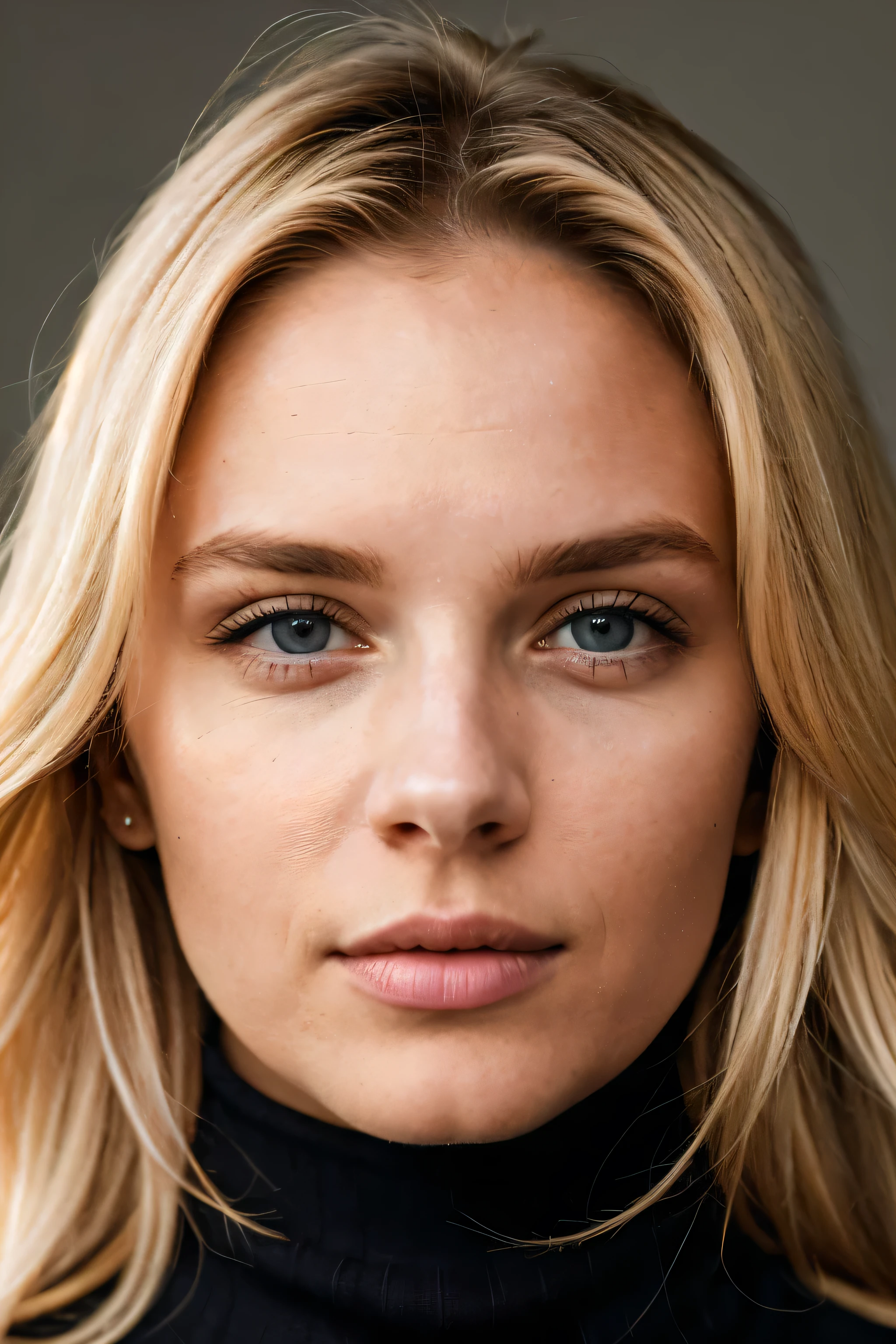 blonde hair, 1 girl, Wear a turtleneck sweater, professional, photo, excellent lighting, irreproachable, accuracy, rich colors, without shadow, clarity, a high resolution, razor sharp, composition, looks straight into the camera, full face, Thick hair