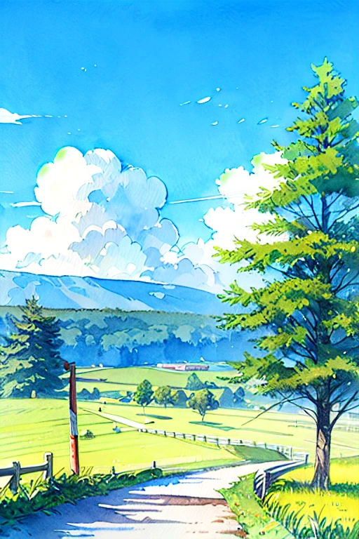 No humans, Outdoor, null, wood, scenery, Traditional Media, Day, cloud, plant, blue null, road, Bush, Grass, Painting (Moderate), watercolor (Moderate)