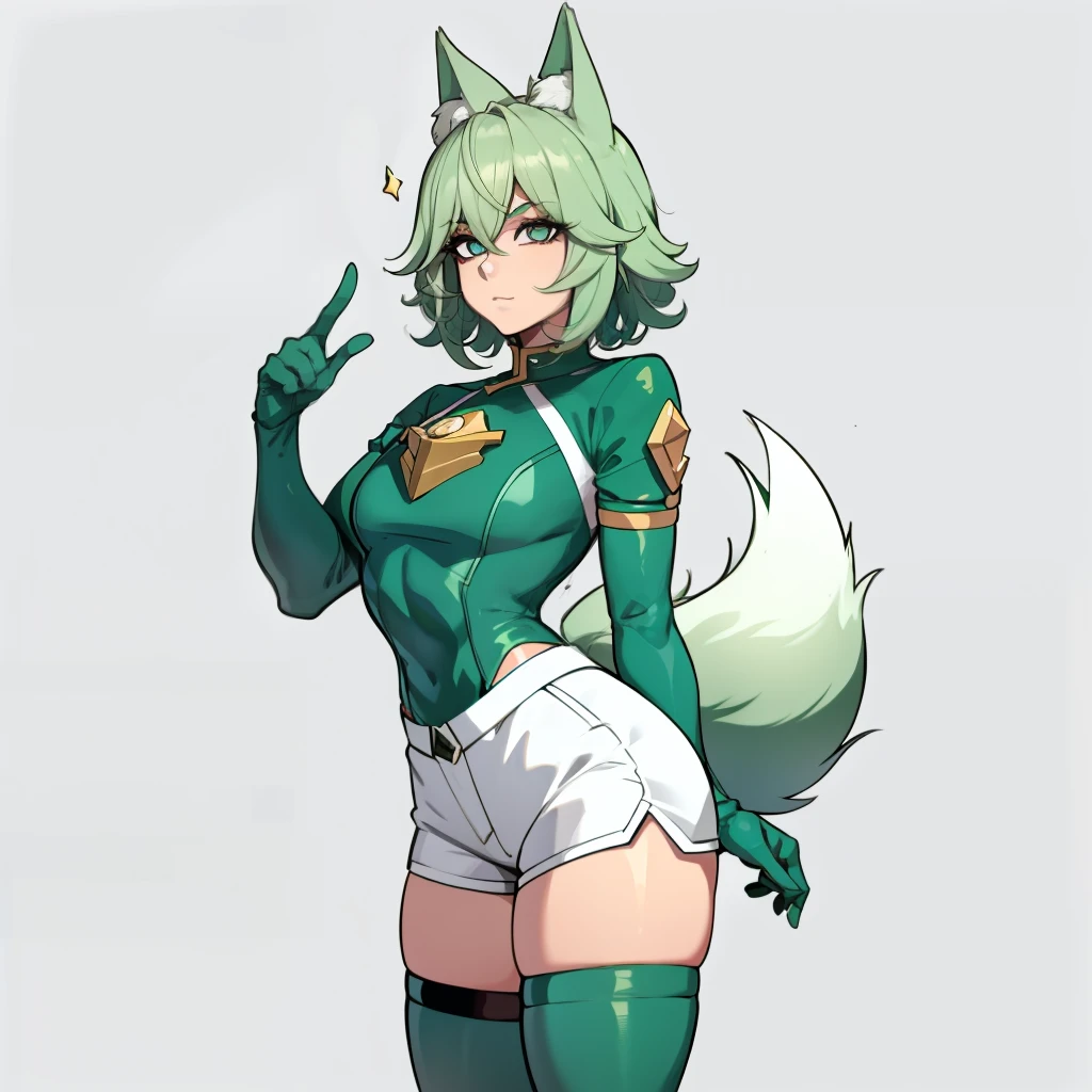 Garoto solteiro, Anime Femboy, curto, longos cabelos brancos, orelhas de lobo, cauda de lobo, olhos azuis, vestindo shorts curtos, meias altas, botas de combate pretas, usando moletom preto curto, peito achatado, super peito achatado, femboy solo, apenas um femboy ((peito achatado)), quadris largos, coxas grossas