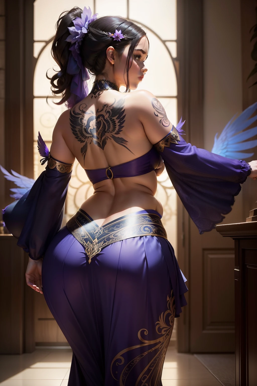 Mystical Enchantress Hiding Her Visage:
Observe from afar a captivating figure, her chubby form cascading gracefully with every step she takes, clad in a pleated skirt. Her unique silhouette is accentuated by the slight sway of her hips, the subtle sway suggestive of a seductive dance. The pièce de résistance, however, is the mesmerizing phoenix tattoo gracing her back between her shoulder blades, its vibrant plumage concealed momentarily, beckoning viewers to catch a glimpse of its majestic beauty. Despite its grandeur, her face remains a mystery, veiled in enigma and intrigue.