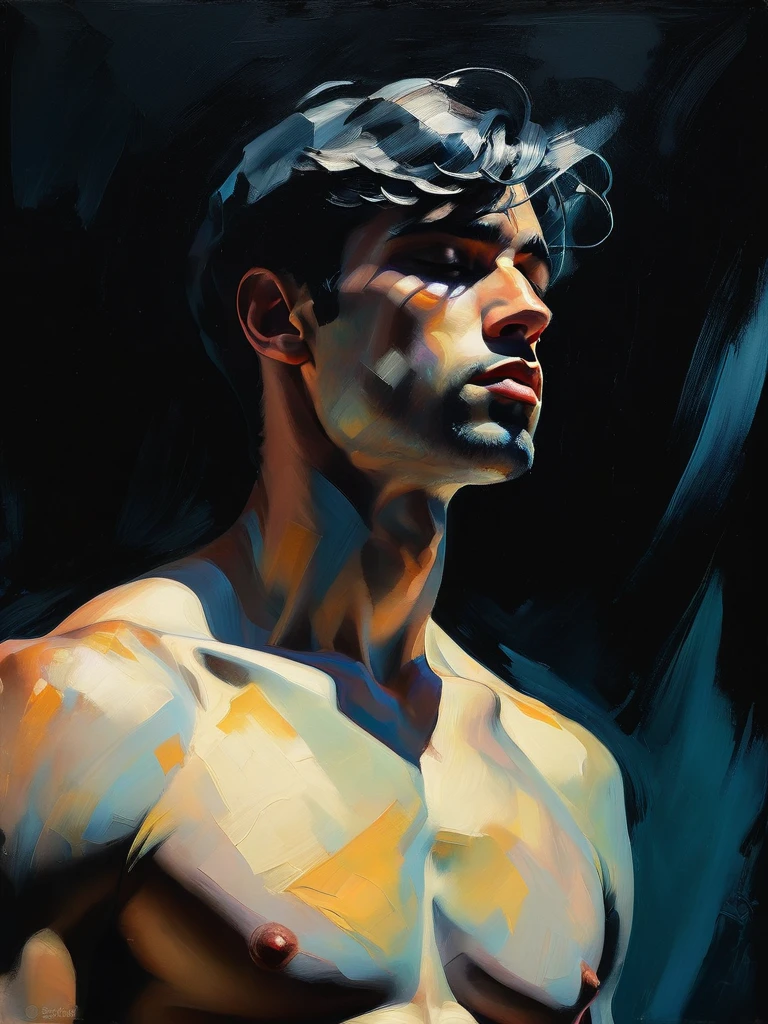 chiaroscuro technique on sensual illustration of an arafed man in white underwear, sexy masculine, diego fazio, male model, by Ludovit Fulla, model with attractive body, inspired by Ludovit Fulla, mid-shot of a hunky, the model draped in flowing, thick oil painting by Harumi Hironaka, extremely soft colors, vibrant, highly detailed, malcolm liepke painting, oil on canvas, high contrast, dramatic, refined, tonal, a thick textured oil painting, impasto brushstrokes, dry brushing,revealing underlayers, abstract landscape, moody lighting, dramatic shadows, muted earthy colors, vibrant colors, highly detailed, masterpiece,