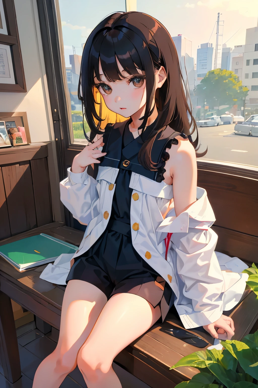 (child),highest quality,Beautiful face in every detail,cute,Dark brown eyes,(背の低いcute女の子,Small young student,Young delicate girl),(masterpiece,Top quality),Black Hair,Sleepy expression,Sleeveless,(White shorts),Crouching