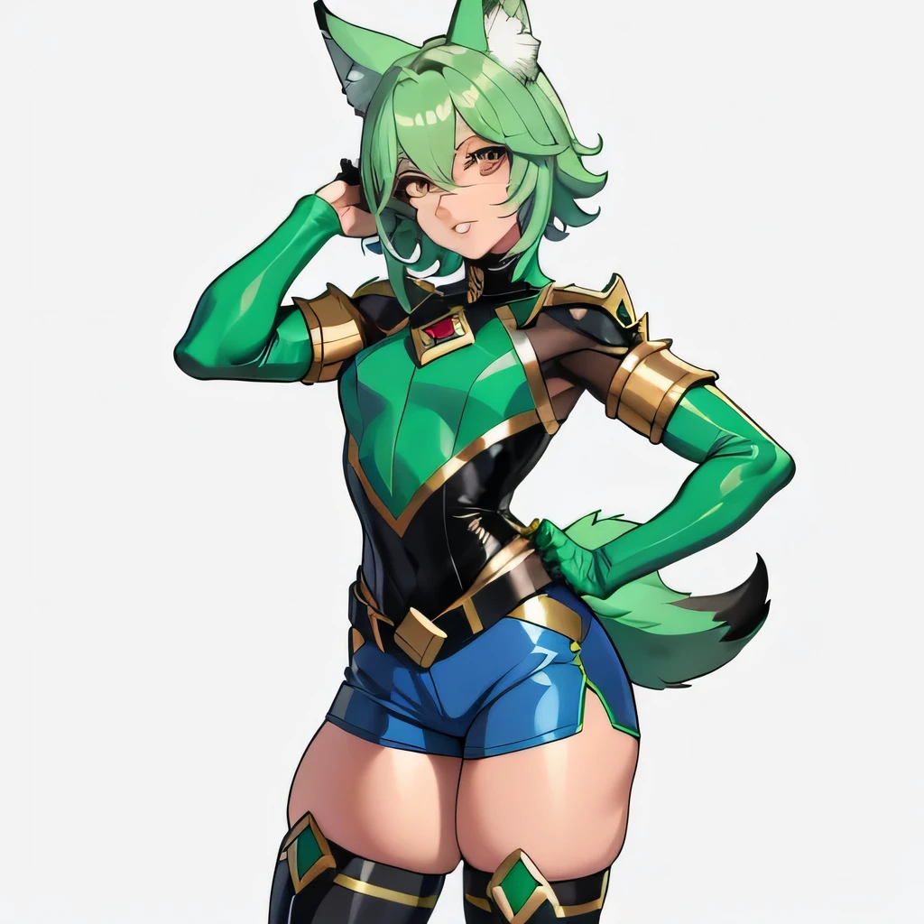 Garoto solteiro, Anime Femboy, curto, longos cabelos brancos, orelhas de lobo, cauda de lobo, olhos azuis, vestindo shorts curtos, meias altas, botas de combate pretas, usando moletom preto curto, peito achatado, super peito achatado, femboy solo, apenas um femboy ((peito achatado)), quadris largos, coxas grossas