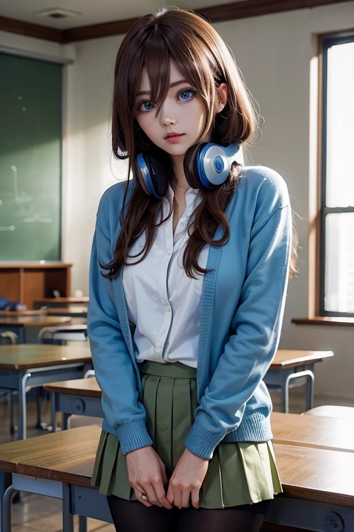 mikunakano, miku nakano, long hair, bangs, blue eyes, brown hair, shirt, hair between eyes, headphones, cardigan, headphones around neck,
BREAK skirt, shirt, long sleeves, white shirt, pantyhose, pleated skirt, black pantyhose, cardigan, green skirt, blue cardigan,
BREAK indoors, classroom,
BREAK looking at viewer, BREAK (masterpiece:1.2), best quality, high resolution, unity 8k wallpaper, (illustration:0.8), (beautiful detailed eyes:1.6), extremely detailed face, perfect lighting, extremely detailed CG, (perfect hands, perfect anatomy),