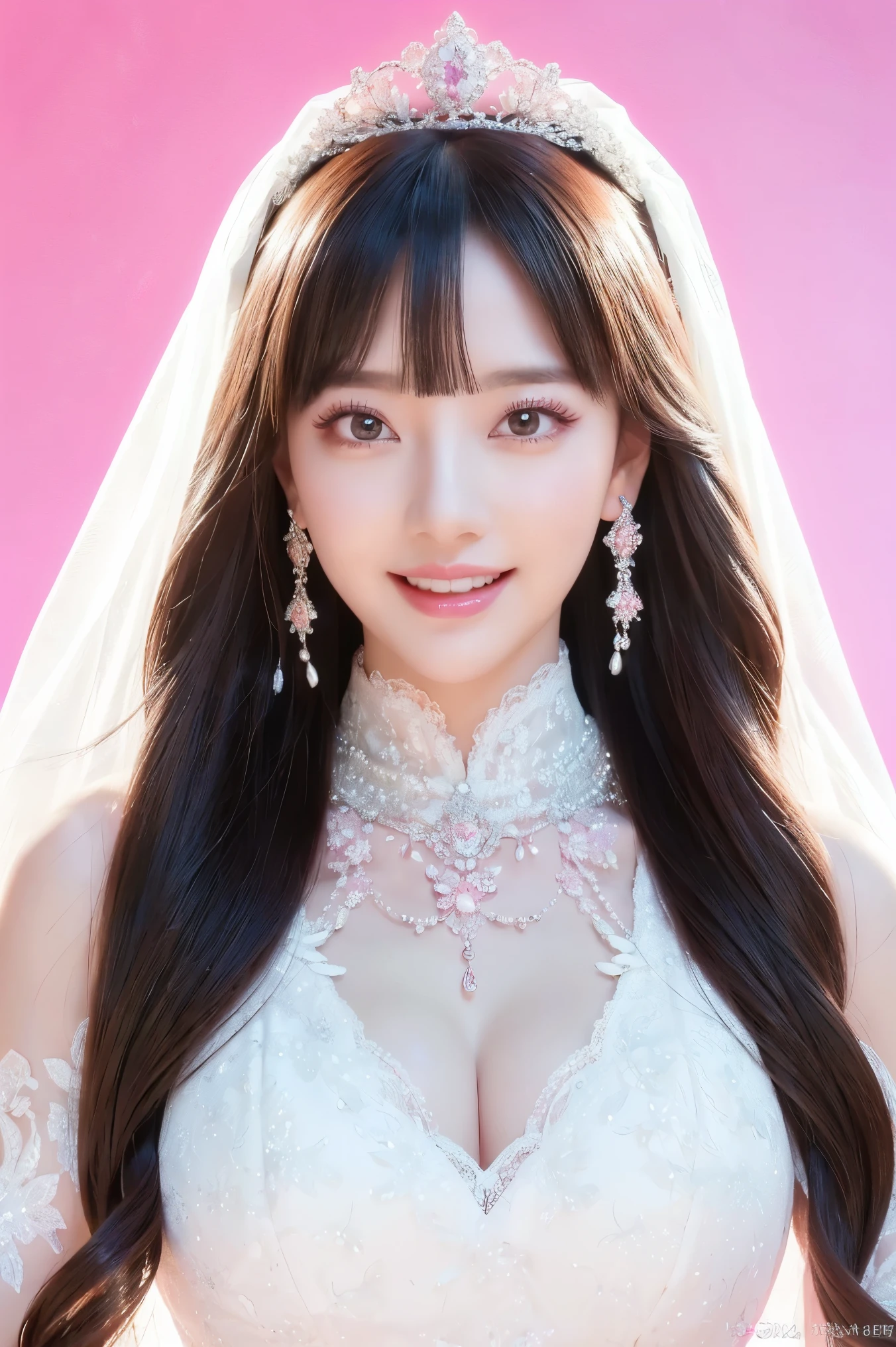 (highest quality、Tabletop、8k、Best image quality、Award-winning works)、One beautiful bride、(alone:1.1)、(The most extravagant and gorgeous huge pure white wedding dress:1.1)、(Perfect Wedding Lace:1.2)、(The most gorgeous and luxurious giant tiara:1.1)、(The most extravagant and luxurious giant necklace:1.1)、Look at me with your best smile、Finest jewelry decoration、Perfect Makeup、Long eyelashes、Ultra HD Shining Eyes、Ultra HD Hair、Ultra High Resolution Glossy Lips、Ultra High Resolution Perfect Teeth、Beautiful face in ultra-high definition、(Accurate anatomy:1.1)、Very bright and beautiful skin、very bright and vivid、Perfect beautiful bridal hairstyles、(Front facing body:1.1)、(Solid pink background:1.2)