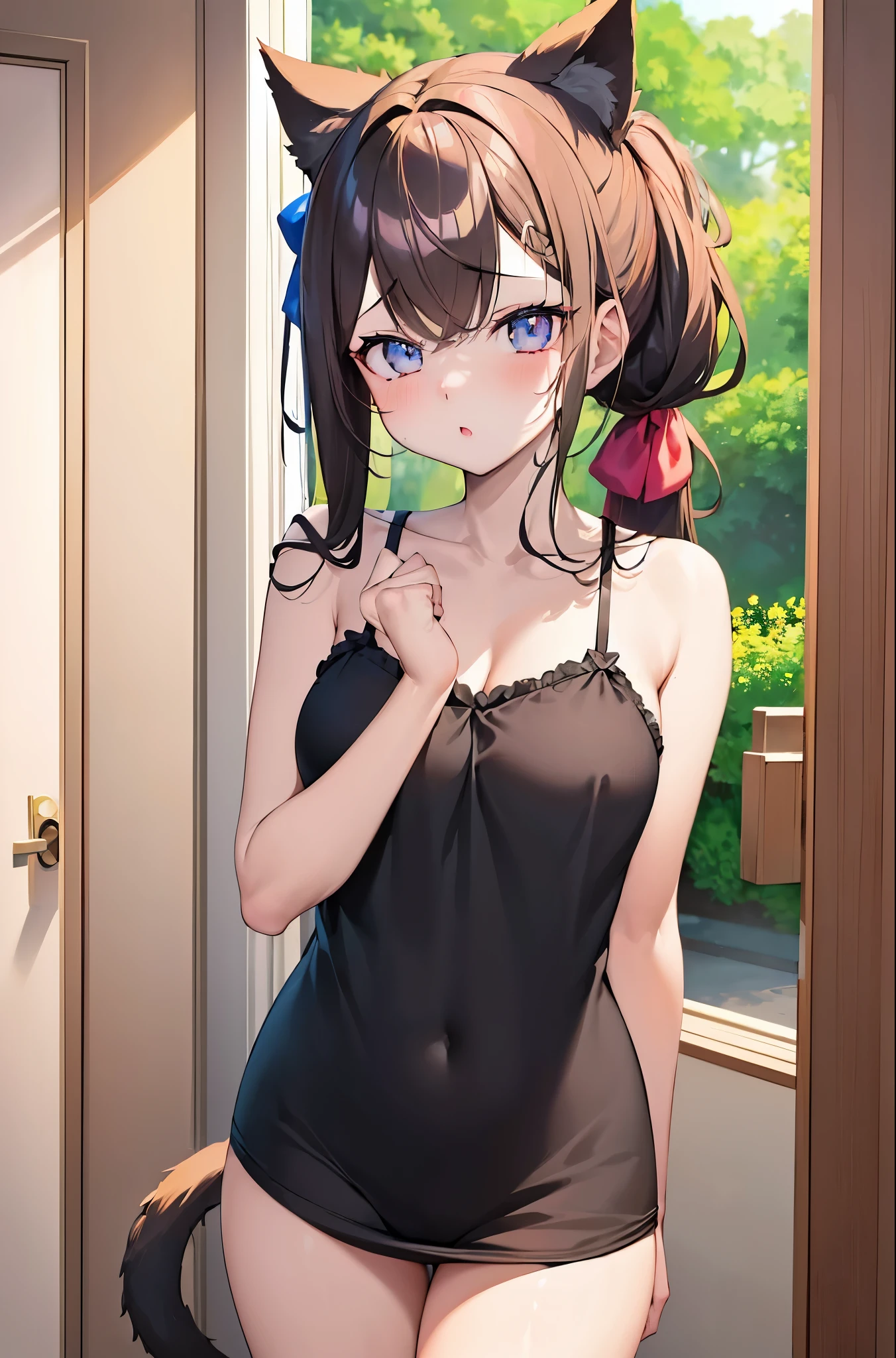 masterpiece, high quality, extremely detailed artwork, quality, top-quality, high resolution, 4K, high-detail, beautiful lighting, extra detailed face, anime, animation, pixiv, cinematic lighting, masterpiece, Beautiful face, beautiful eyes, 5-Fingers, well-drawn hands, well-drawn legs, well-drawn feet, well-drawn eyes, 1girl, camisole, Pajamas, Hair on the shoulders, Beautiful breasts, attractive anime girl, solo, beautiful alluring anime girl, beautiful anime girl, cute anime girl, pretty anime girl, attractive anime girl, shy face, seductive anime girl, cat ears, cat tail, looking at me, super cute, aesthetic, brown hair, long hair, fair skin, cute ribbon, Brown-eyed, Hair Bow,(((the bow)))),length hair,beautiful eyes ,Beautiful breasts,Low ponytail,Hair on the shoulders,be shy, shy face, Beautiful face, cat tail coming out of the ass, Uma Musum,(Admire Vega),Cat ears, tail, Hi-Res, camisole,Pajamas, anime, animation, pixiv, Cleavage, big breast, nipple, eating cake while sitting on sofa, holding fork with right hand, vacation, chill, window, sofa, furniture, living room