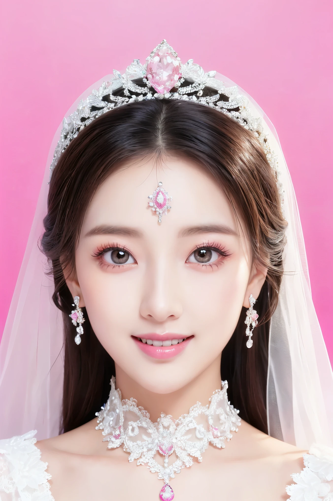 (highest quality、Tabletop、8k、Best image quality、Award-winning works)、One beautiful bride、(alone:1.1)、(The most extravagant and gorgeous huge pure white wedding dress:1.1)、(Perfect Wedding Lace:1.2)、(The most gorgeous and luxurious giant tiara:1.1)、(The most extravagant and luxurious giant necklace:1.1)、Look at me with your best smile、Finest jewelry decoration、Perfect Makeup、Long eyelashes、Ultra HD Shining Eyes、Ultra HD Hair、Ultra High Resolution Glossy Lips、Ultra High Resolution Perfect Teeth、Beautiful face in ultra-high definition、(Accurate anatomy:1.1)、Very bright and beautiful skin、very bright and vivid、Perfect beautiful bridal hairstyles、(Front facing body:1.1)、(Solid pink background:1.2)