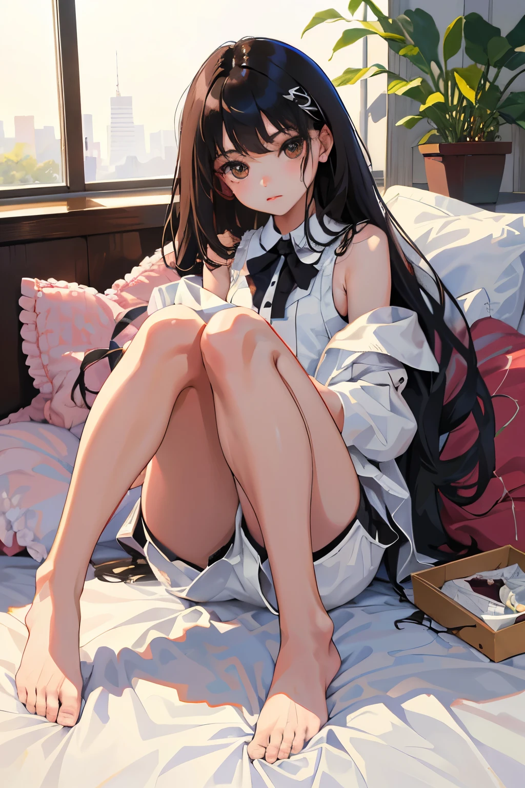 ()，highest quality，Beautiful face in every detail，cute，Dark brown eyes，(背の低いcute女の子，Smallg student，Yoicate girl）,（masterpiece，Top quality)，Black Hair，Sleepy expression，Sleeveless，(White shorts)，Crouching