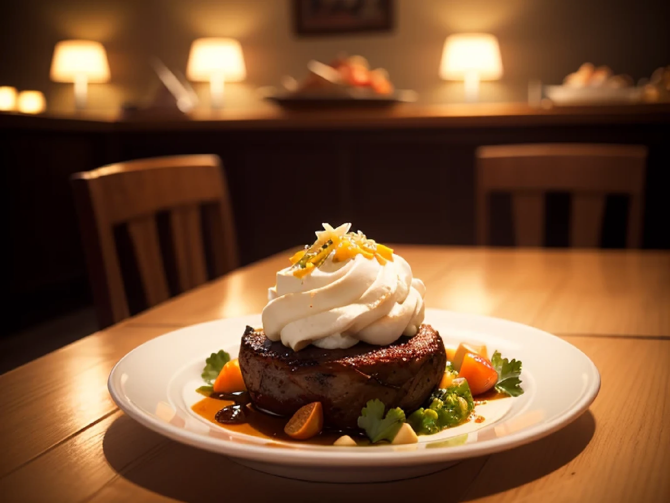 Gastronomic photography of a gourmet meal., con poca profundidad de campo, chapado elegante, and soft lighting