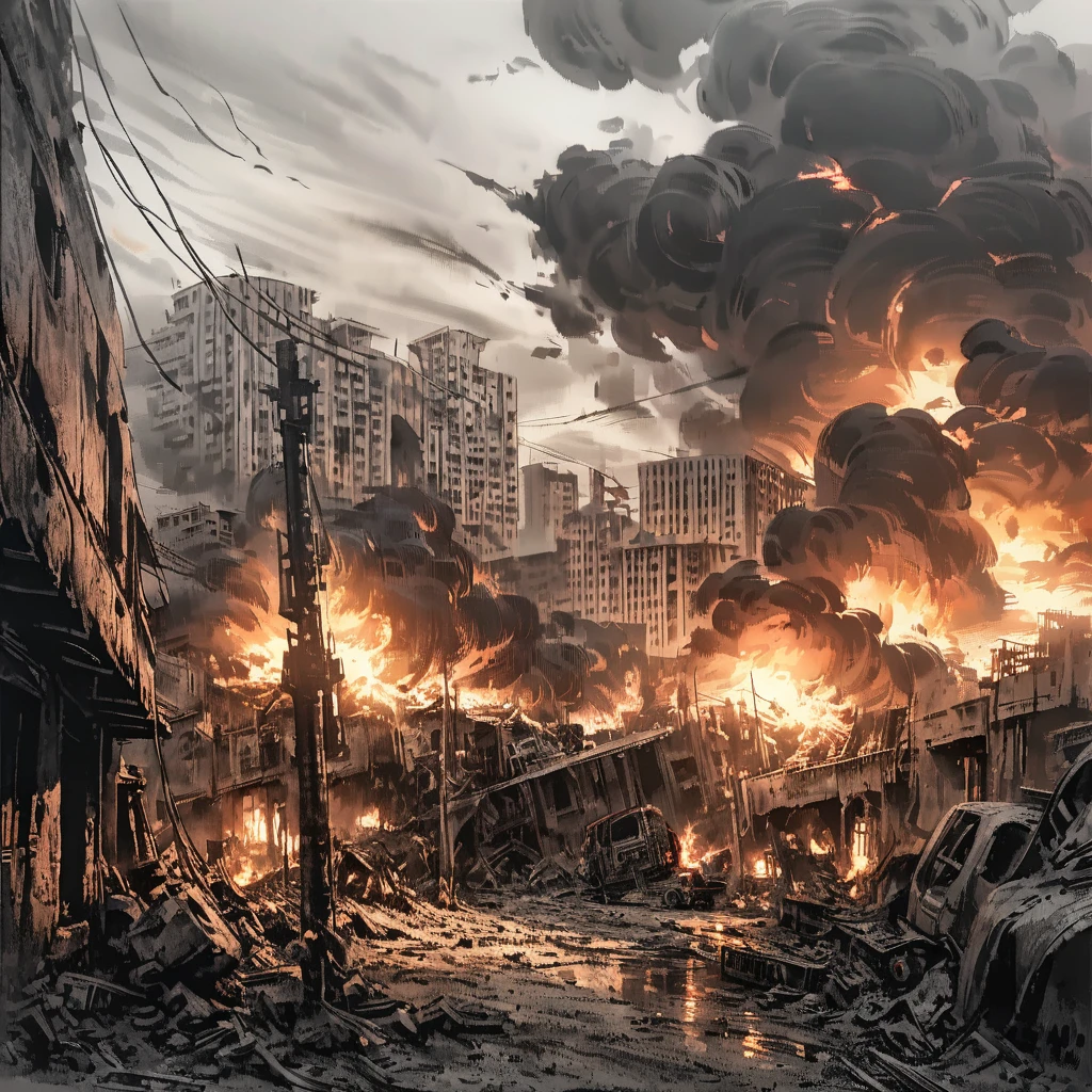 detailed ink illustration, middle eastern city on fire, black smoke, red and orange flames, explosions, dynamic scene, cinematic lighting, moody atmosphere, high contrast, dramatic composition, digital art, concept art, intricate details, vivid colors, photorealistic, (best quality,4k,8k,highres,masterpiece:1.2),ultra-detailed,(realistic,photorealistic,photo-realistic:1.37),dark fantasy,dramatic lighting,cinematic perspective,dystopian,war torn,apocalyptic,gritty realism,surreal,moody,somber,intense