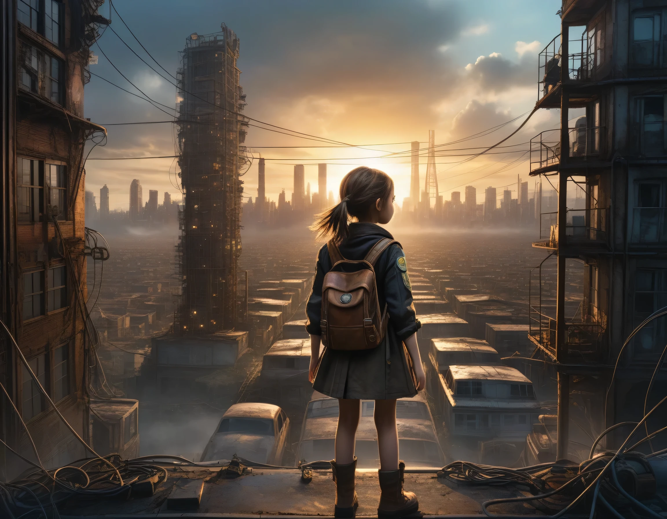 In a dystopia, A young girl wanders into a post apocalyptic steampunk skyscraper、One little girl's back in the back center of the screen、Very complex post apocalyptic cityscape、A devastated world、Pulling composition、industrial、High-definition depiction、A city lined with electric wires、Magic Hour、Make a story with 4 sheets