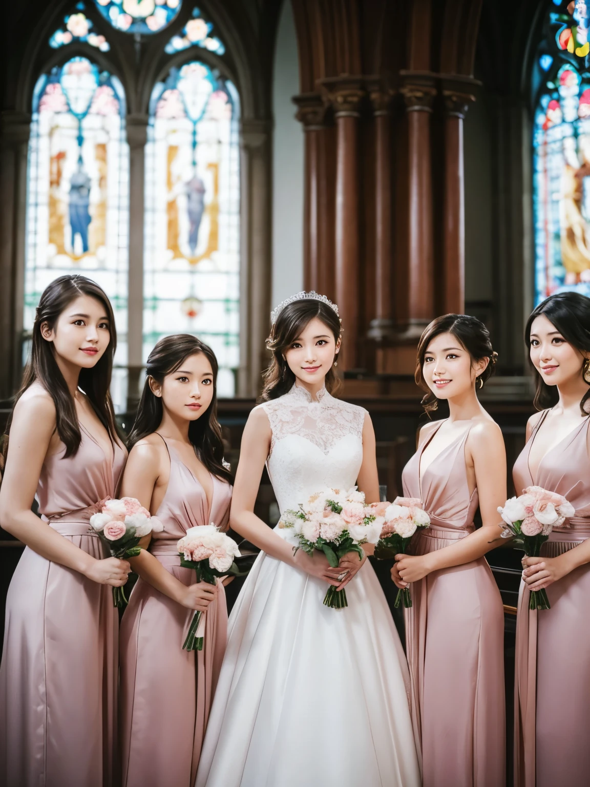 smile、stare、Realistic, Long Shot, 4K, Detailed, high quality, Male portrait(24-years-old) Wearing a suit(In the middle) Four girls in gorgeous dresses, Are standing, Perfect balance, Intimate, lover, Close to each other, Perfect Anatomy, The perfect background, Perfect Face, Perfect body, Detailed顔, Looking at the camera, Luxury Background、church、