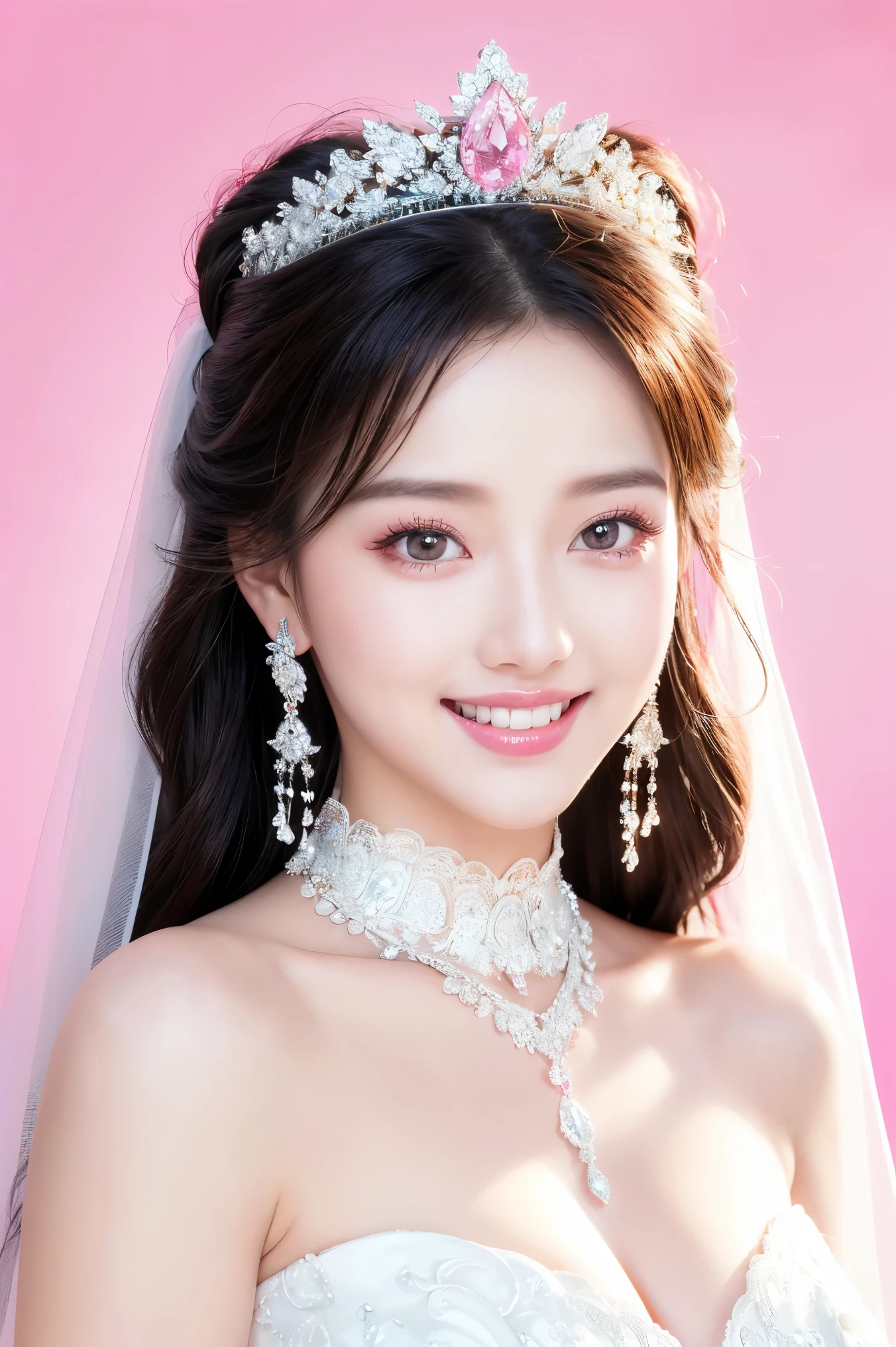 (highest quality、Tabletop、8k、Best image quality、Award-winning works)、One beautiful bride、(alone:1.1)、(The most extravagant and gorgeous huge pure white wedding dress:1.1)、(Perfect Wedding Lace:1.2)、(The most gorgeous and luxurious giant tiara:1.1)、(The most extravagant and luxurious giant necklace:1.1)、Look at me with your best smile、Finest jewelry decoration、Perfect Makeup、Long eyelashes、Ultra HD Shining Eyes、Ultra HD Hair、Ultra High Resolution Glossy Lips、Ultra High Resolution Perfect Teeth、Beautiful face in ultra-high definition、(Accurate anatomy:1.1)、Very bright and beautiful skin、very bright and vivid、Perfect beautiful bridal hairstyles、(Front facing body:1.1)、(Solid pink background:1.2)