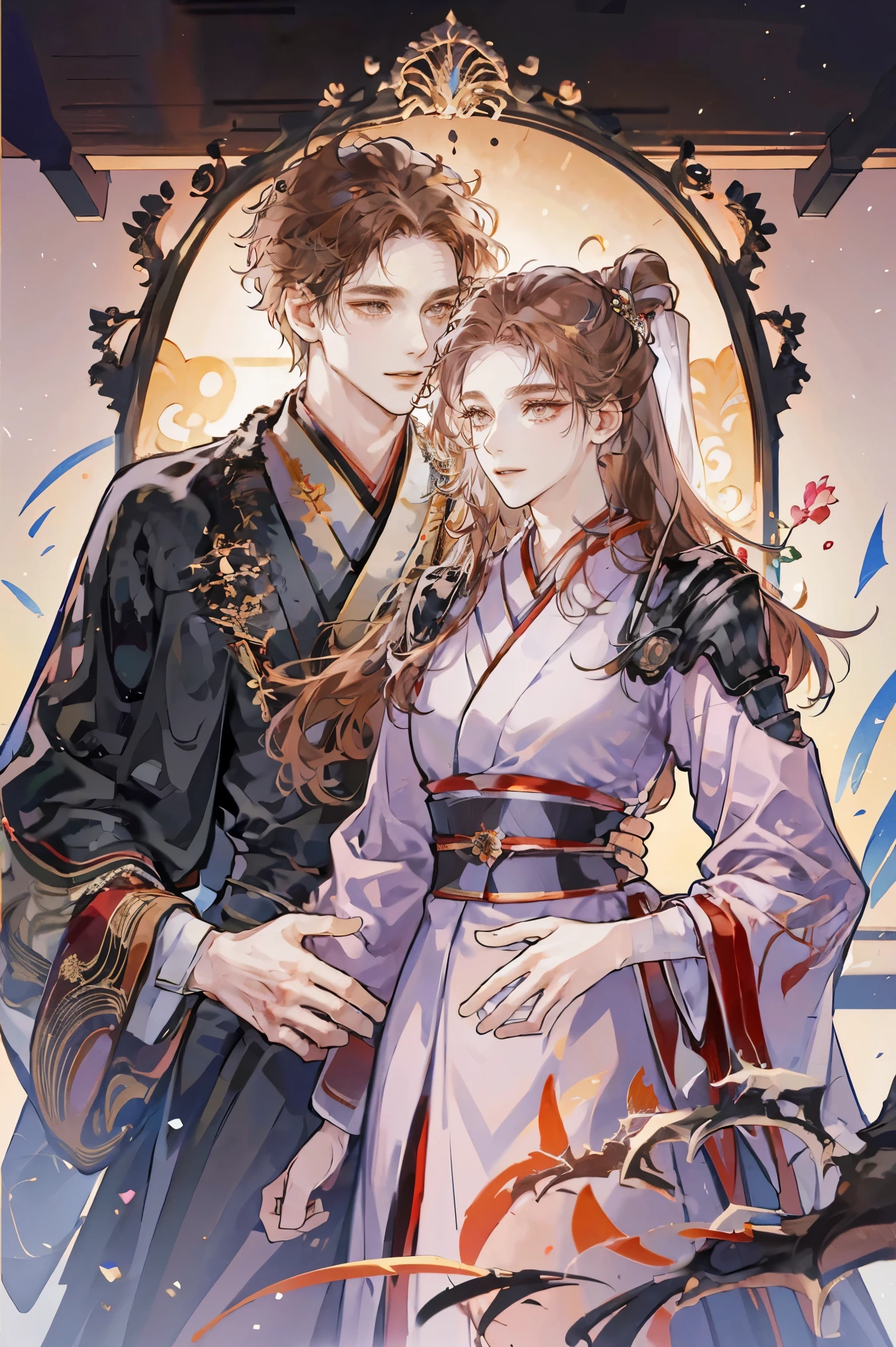 couple, 1 Girl 1 Boy, different hair color, Long hairon boy , long brown hair, Romance, kimono, old japan, looking at each other eyes, boy in black kimono