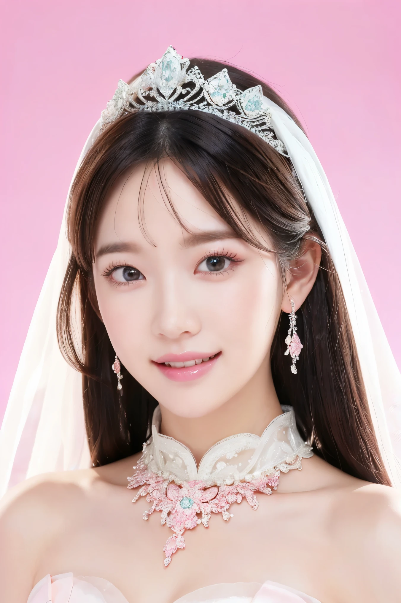 (highest quality、Tabletop、8k、Best image quality、Award-winning works)、One beautiful bride、(alone:1.1)、(The most extravagant and gorgeous huge pure white wedding dress:1.1)、(Perfect Wedding Lace:1.2)、(The most gorgeous and luxurious giant tiara:1.1)、(The most extravagant and luxurious giant necklace:1.1)、Look at me with your best smile、Finest jewelry decoration、Perfect Makeup、Long eyelashes、Ultra HD Shining Eyes、Ultra HD Hair、Ultra High Resolution Glossy Lips、Ultra High Resolution Perfect Teeth、Beautiful face in ultra-high definition、(Accurate anatomy:1.1)、Very bright and beautiful skin、very bright and vivid、Perfect beautiful bridal hairstyles、(Front facing body:1.1)、(Solid pink background:1.2)