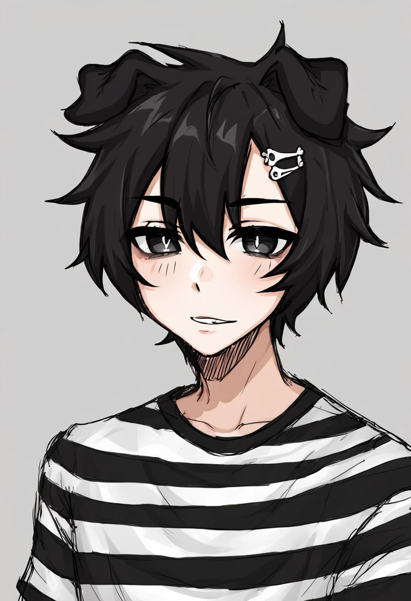 1boy, black hair, black pupils, sketchy lines, grunge, dog ears, hairclips, shirt