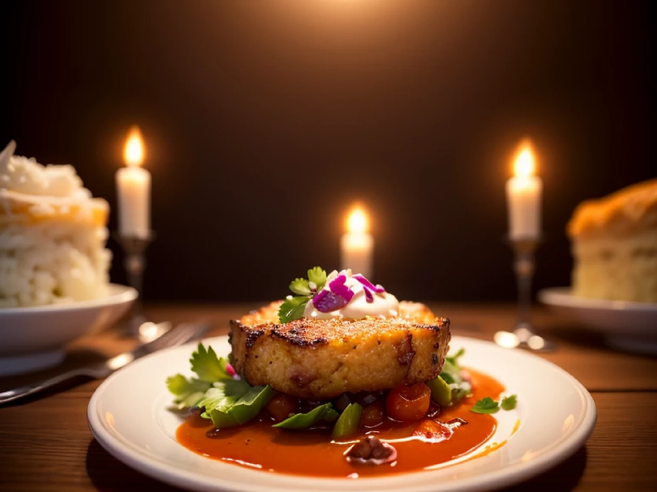 Gastronomic photography of a gourmet meal., con poca profundidad de campo, chapado elegante, and soft lighting
