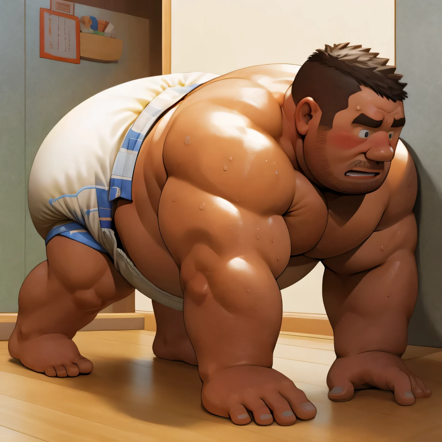 masterpiece, Top quality, in 32K, perfect anatomy, hyper detailed, super fine illustration, The thick man is a brutal prisoner, retarded, hairy human, 50yo in Japan, (fatness: 1.0), Fatty muscle, Bowleg, disappointment, incontinent, be diaper check by children, waddle, There is a small puddle under him, incontinent, Naked, short legs, Bowleg, spread legs, wear a White cloth Diaper, Bare belly, Bare legs, Bare foots, Bare soles, Shirtless, wide forehead and short thinning hair, Man with round face with stubble, Bare foots, Bare soles, shy, sissy, Weaker than children, Drool, Round face, steams, Solo, He enters  and is despised by children, He surrounded by children, His bottom is wet, Bare foots, big butt, he is scolded by the children, White Diaper, He surrounded by children, sobbing, wear a White cloth Diaper, shirtless, There is a small puddle under him, He enters nursery school and is despised by children, big butt, sobbing, He crawling to go to children, on all fours, side view