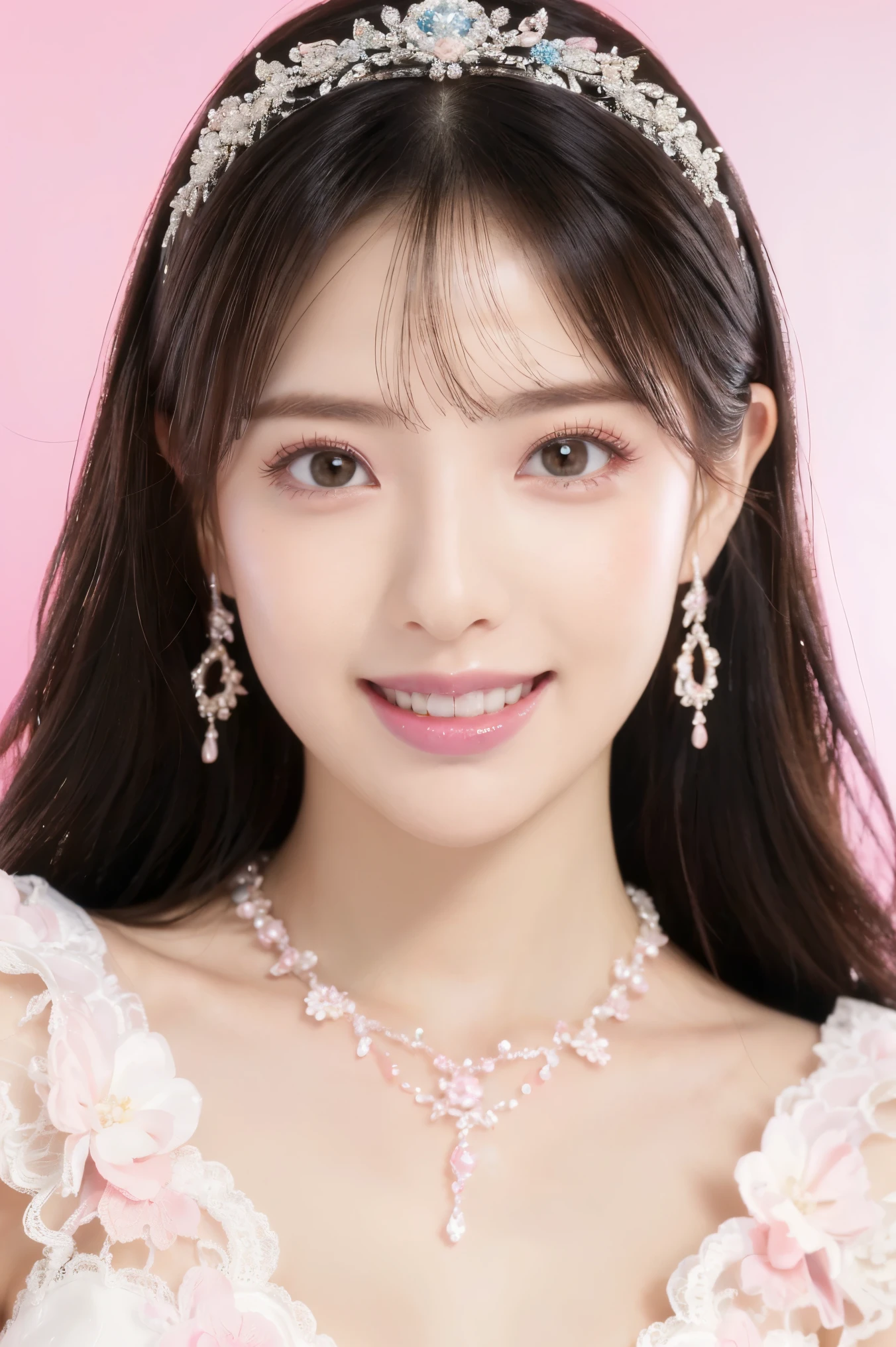 (highest quality、Tabletop、8k、Best image quality、Award-winning works)、One beautiful bride、(alone:1.1)、(The most extravagant and gorgeous huge pure white wedding dress:1.1)、(Perfect Wedding Lace:1.2)、(The most gorgeous and luxurious giant tiara:1.1)、(The most extravagant and luxurious giant necklace:1.1)、Look at me with your best smile、Finest jewelry decoration、Perfect Makeup、Long eyelashes、Ultra HD Shining Eyes、Ultra HD Hair、Ultra High Resolution Glossy Lips、Ultra High Resolution Perfect Teeth、Beautiful face in ultra-high definition、(Accurate anatomy:1.1)、Very bright and beautiful skin、very bright and vivid、Perfect beautiful bridal hairstyles、(Front facing body:1.1)、(Solid pink background:1.2)