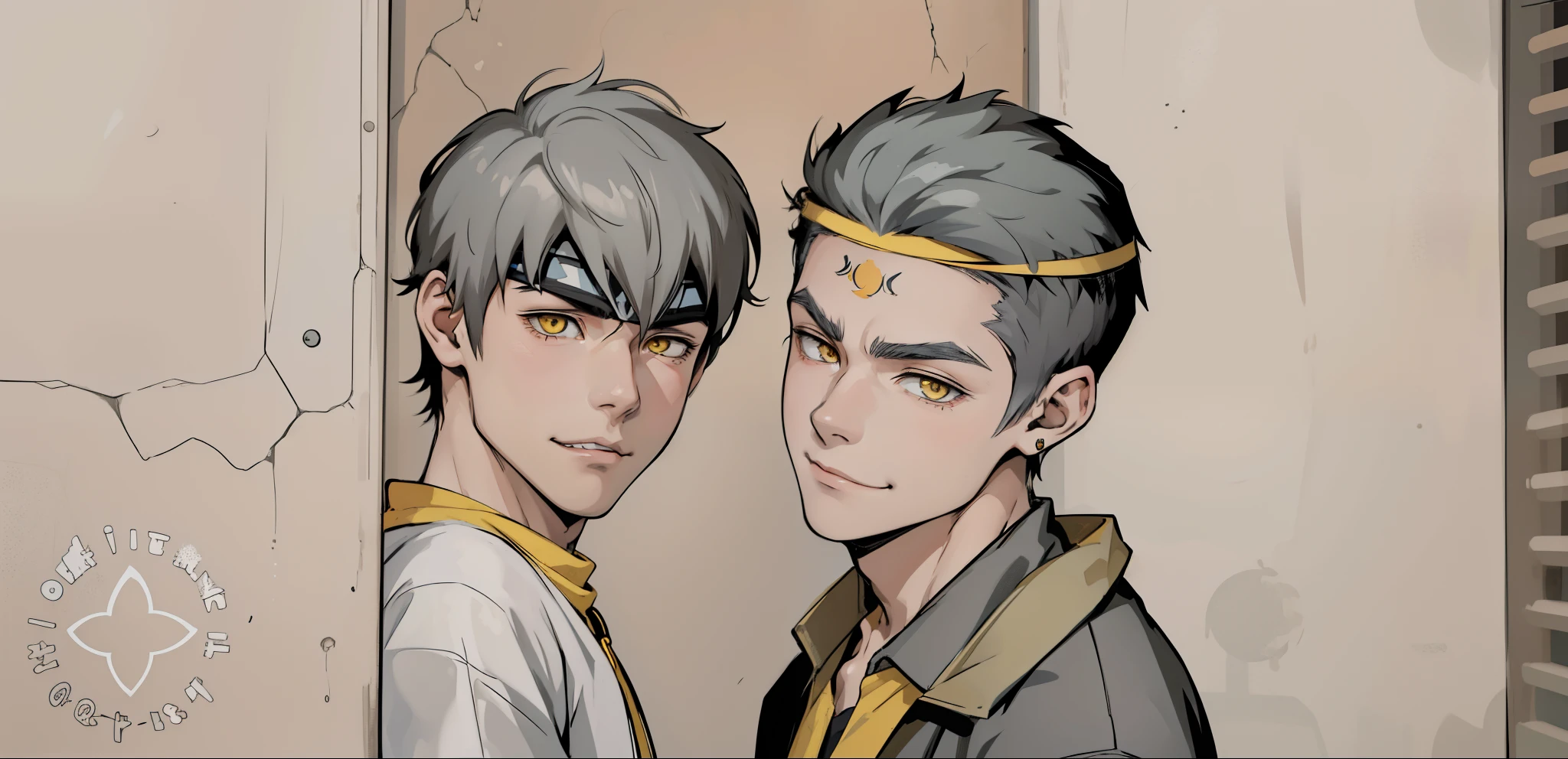 (estilo anime 2d plano)Cute 16-year-old boy speaks evil with hate with a mischievous smile, malevolent irony, white hair, yellow eyes, golden headband jewelry 