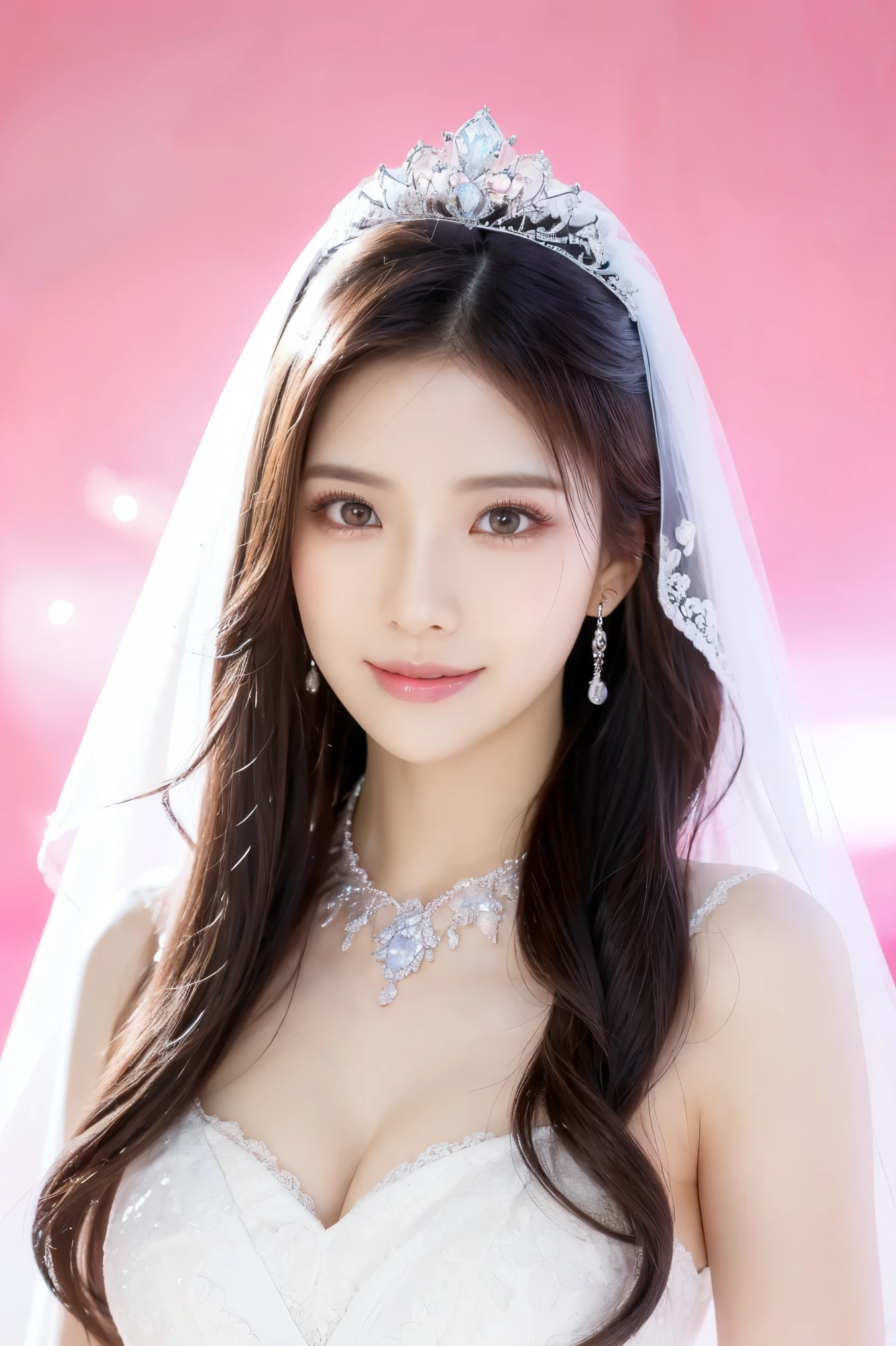 (highest quality、Tabletop、8k、Best image quality、Award-winning works)、One beautiful bride、(alone:1.1)、(The most extravagant and gorgeous huge pure white wedding dress:1.1)、(Perfect Wedding Lace:1.2)、(The most gorgeous and luxurious giant tiara:1.1)、(The most extravagant and luxurious giant necklace:1.1)、Look at me with your best smile、Finest jewelry decoration、Perfect Makeup、Long eyelashes、Ultra HD Shining Eyes、Ultra HD Hair、Ultra High Resolution Glossy Lips、Ultra High Resolution Perfect Teeth、Beautiful face in ultra-high definition、(Accurate anatomy:1.1)、Very bright and beautiful skin、very bright and vivid、Perfect beautiful bridal hairstyles、(Front facing body:1.1)、(Solid pink background:1.2)