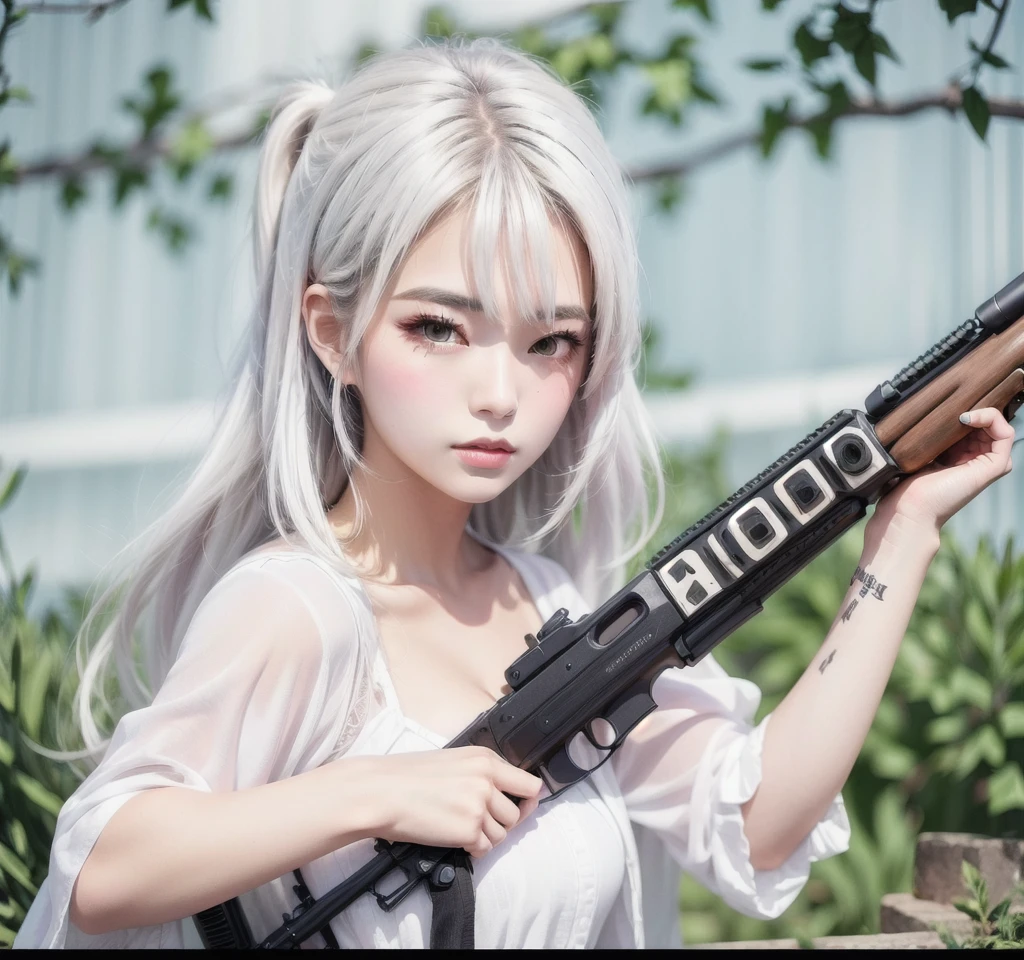 a girl holding a rifle in her hand with the words dialogue written on the rifle, anime character, anime art style, girl with white hair, straight hair, girl with a serious face